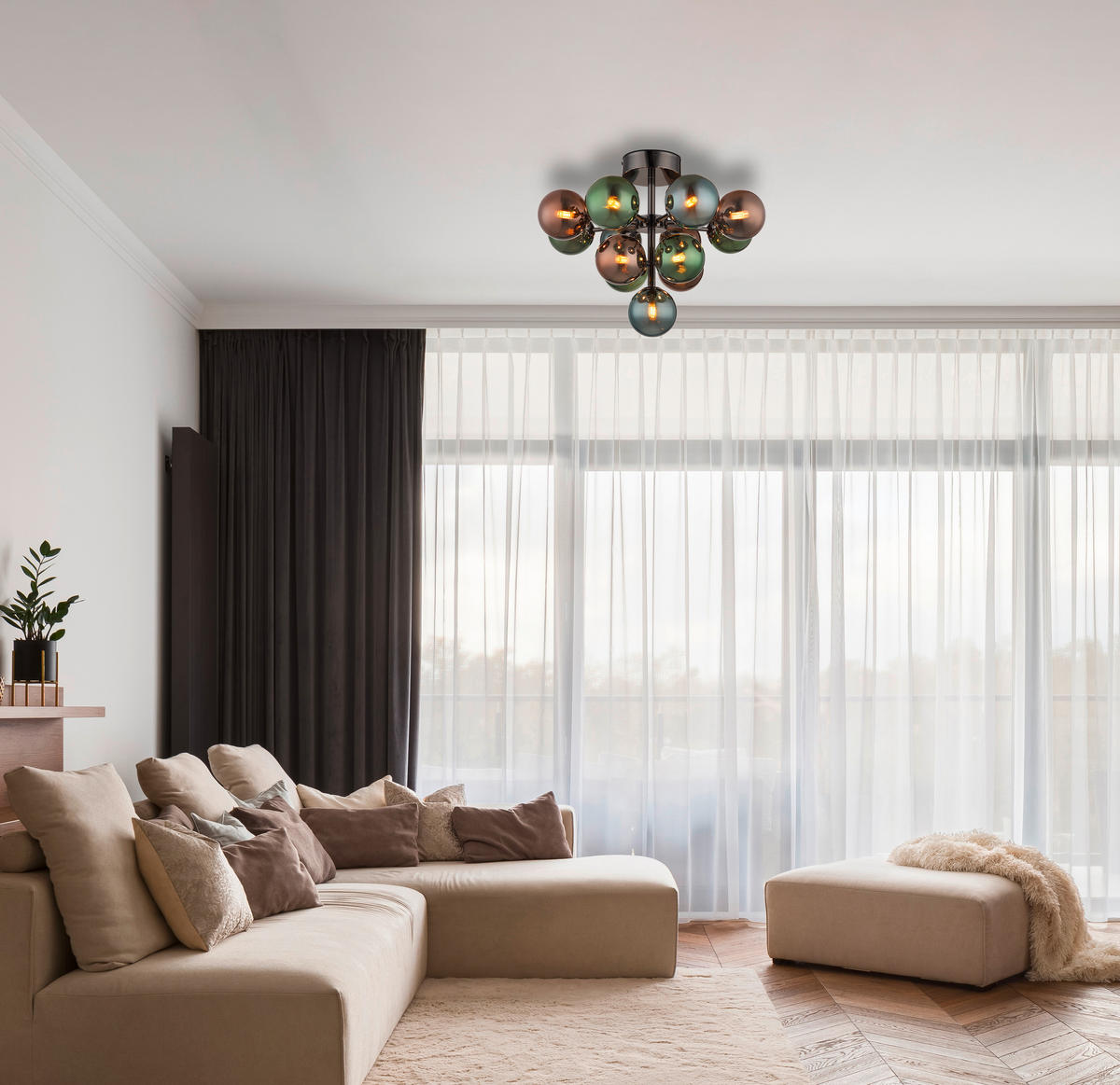 DECKENLEUCHTE  43/56 cm    - Petrol/Schwarzchrom, Design, Glas/Metall (43/56cm) - Globo