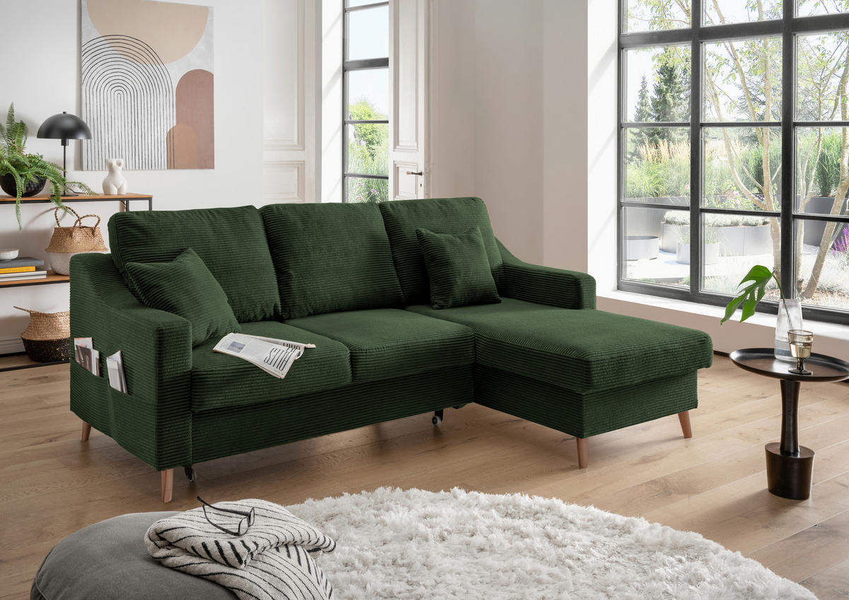 ECKSOFA Dunkelgrün Cord  - Dunkelgrün/Naturfarben, Design, Holz/Textil (228/150cm) - P & B