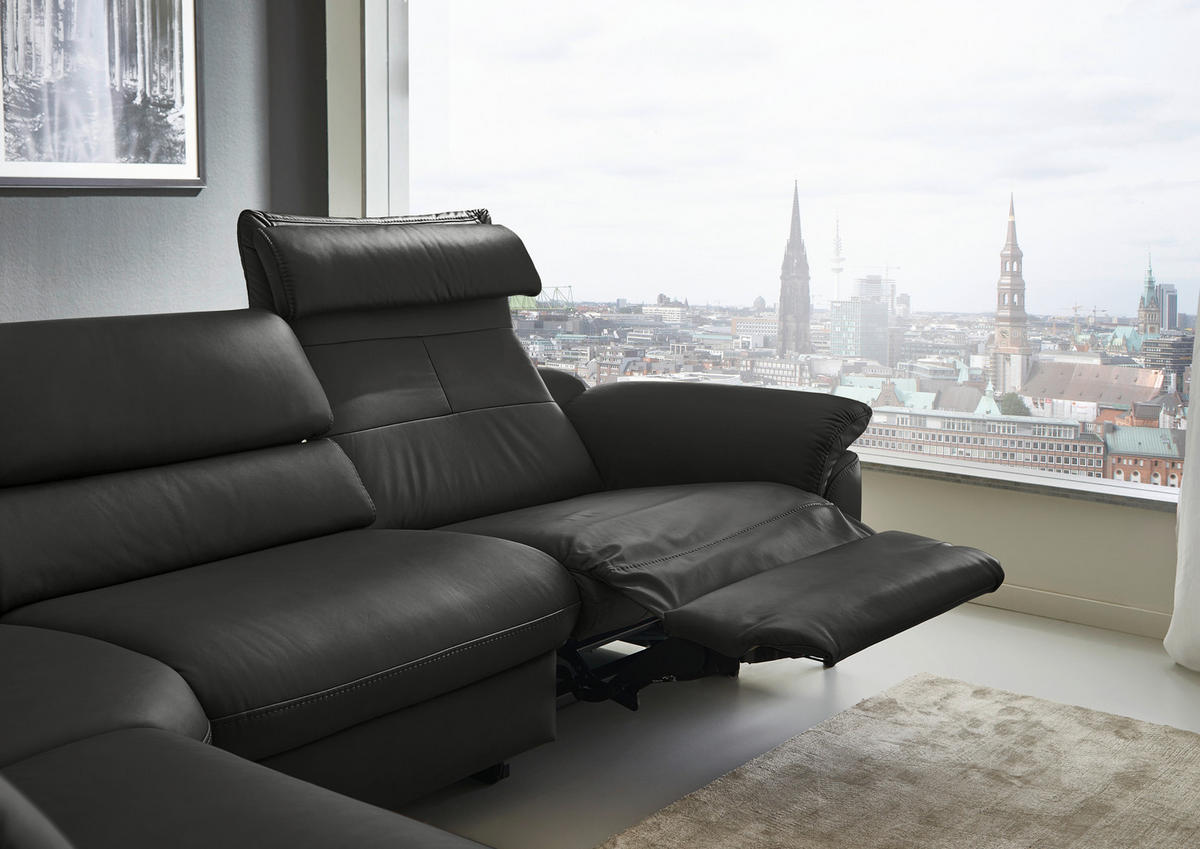 ECKSOFA Valdera Schwarz Echtleder  - Schwarz, Design, Leder/Metall (246/280cm) - Hukla