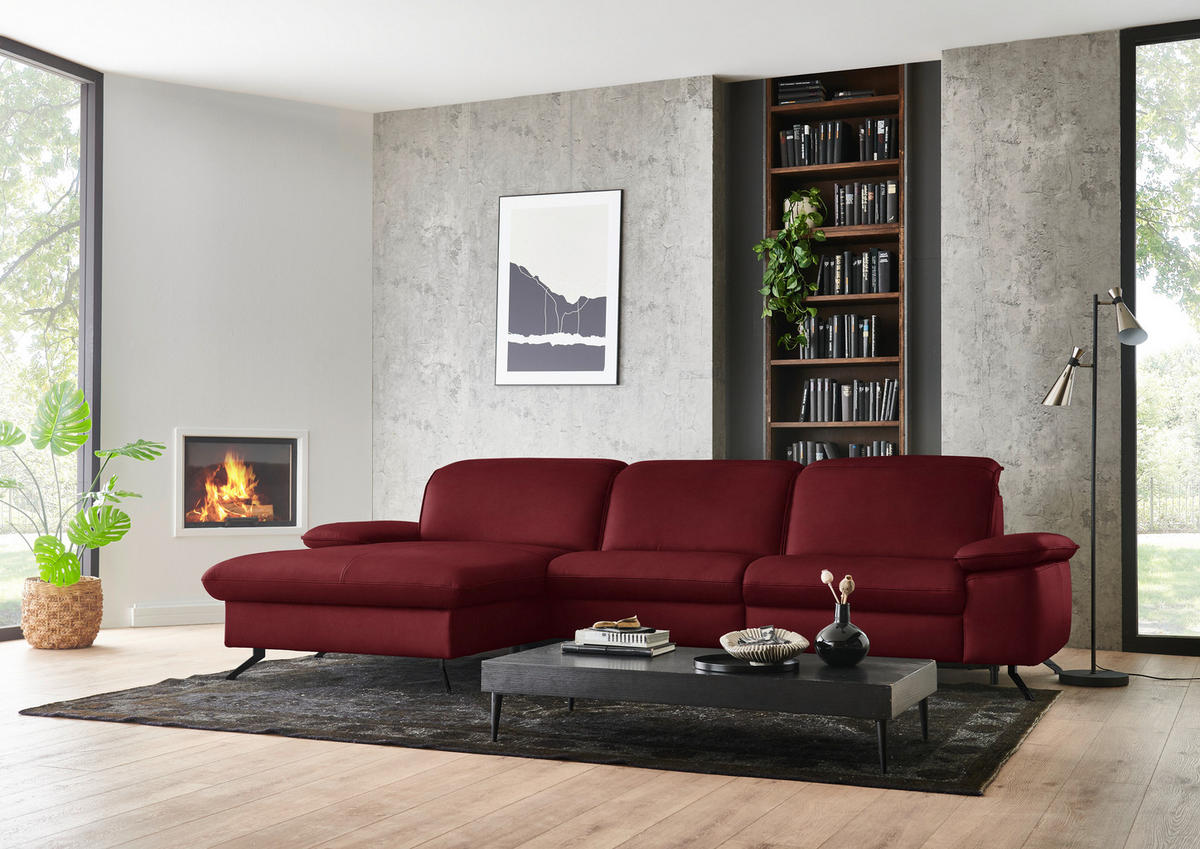 ECKSOFA  Echtleder Bordeaux  - Bordeaux/Schwarz, Design, Leder/Metall (169/307cm) - Beldomo Premium