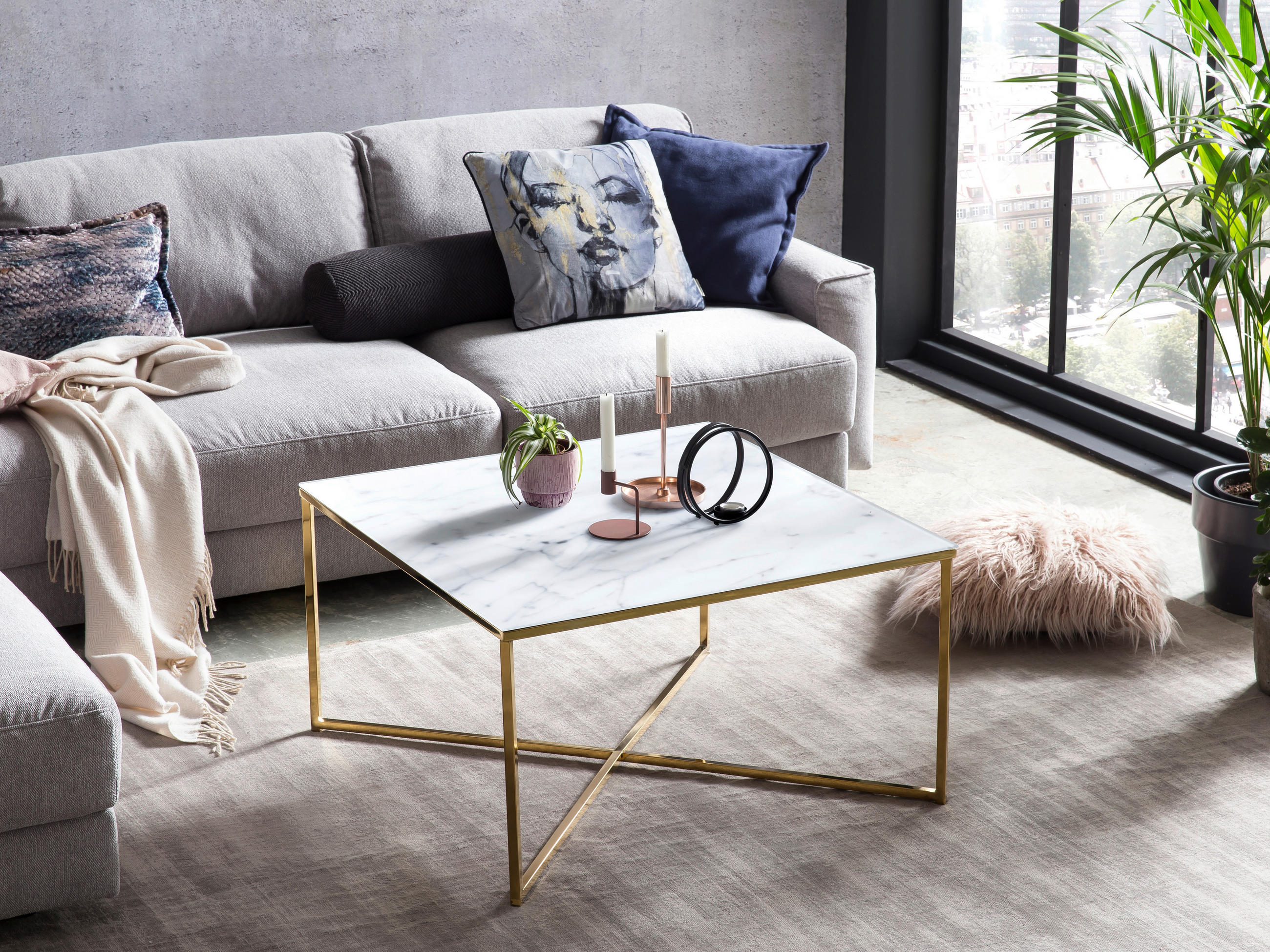 COUCHTISCH in Metall, Glas 80/80/45 cm  - Goldfarben/Weiß, Design, Glas/Metall (80/80/45cm) - Livetastic