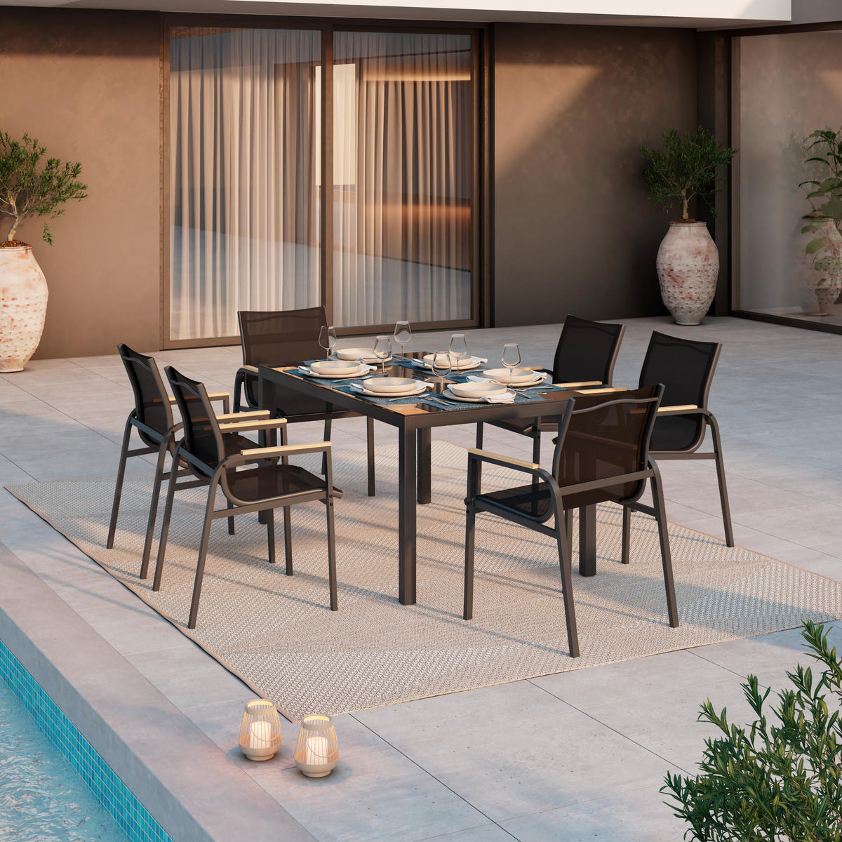 GARTENTISCHGRUPPE beschichtet Stahl  - Dunkelgrau/Naturfarben, MODERN, Glas/Kunststoff (150/75.5/90cm) - Ambia Garden