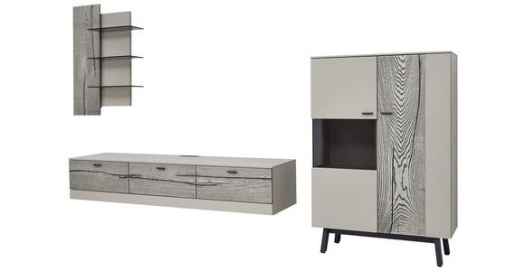 WOHNWAND 341,3/186,8/49,2 cm in Grau, Eichefarben, Fango - Edelstahlfarben/Fango, Design, Glas/Holz (341,3/186,8/49,2cm) - Dieter Knoll