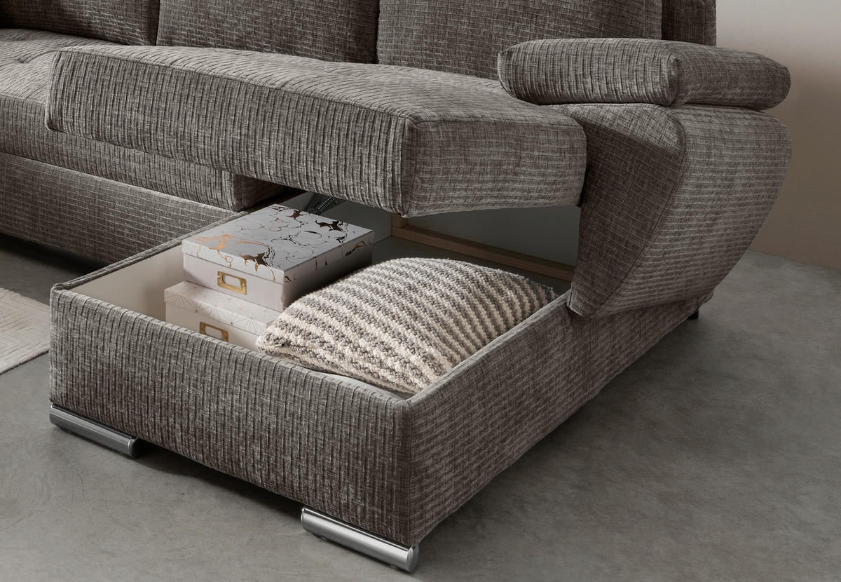 Wohnlandschaft in Mikrofaser Graubraun  - Chromfarben/Graubraun, KONVENTIONELL, Textil (219/305/157cm) - Livetastic