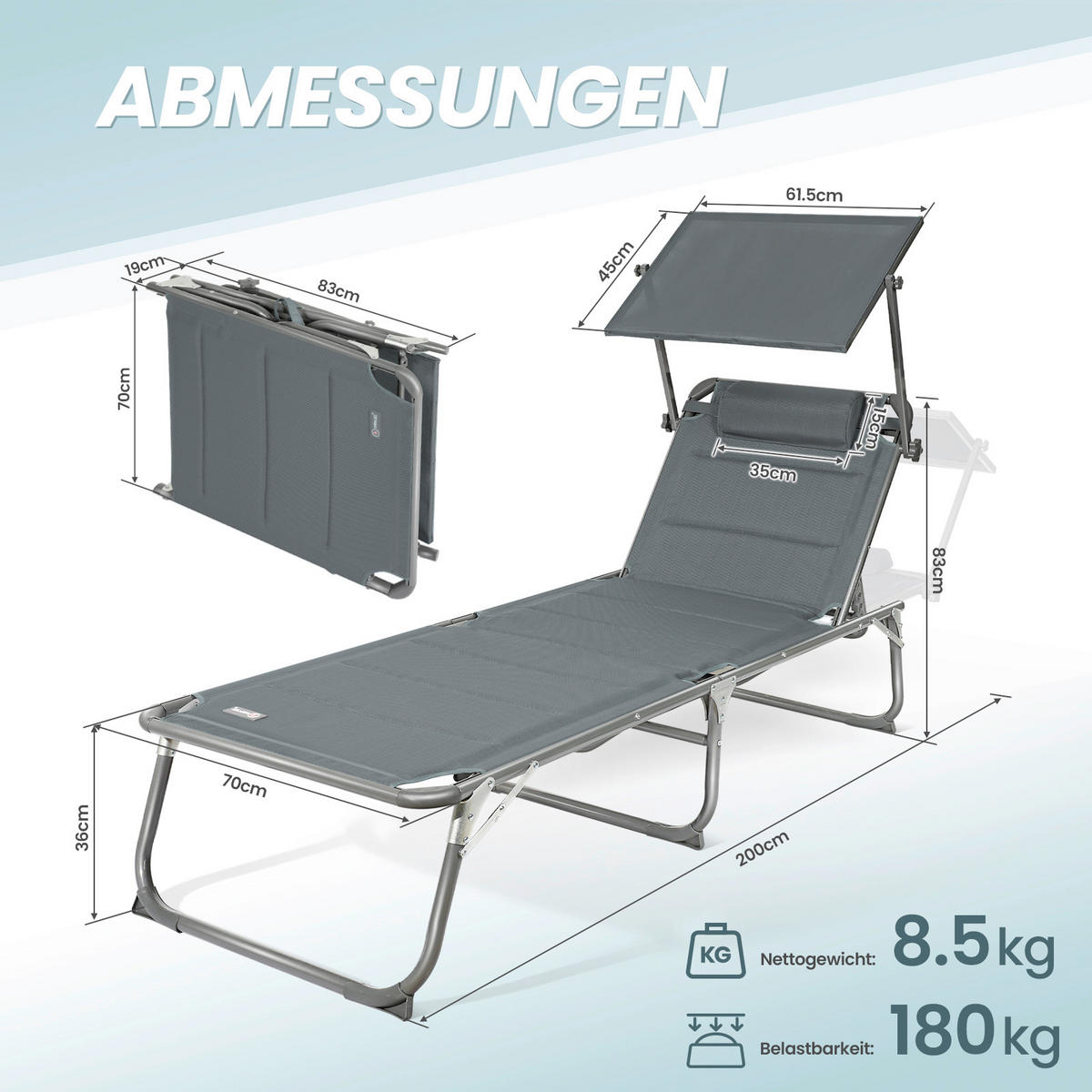GARTENLIEGE 70/36/200 cm  - Anthrazit/Alufarben, Basics, Textil/Metall (70/36/200cm) - Modante