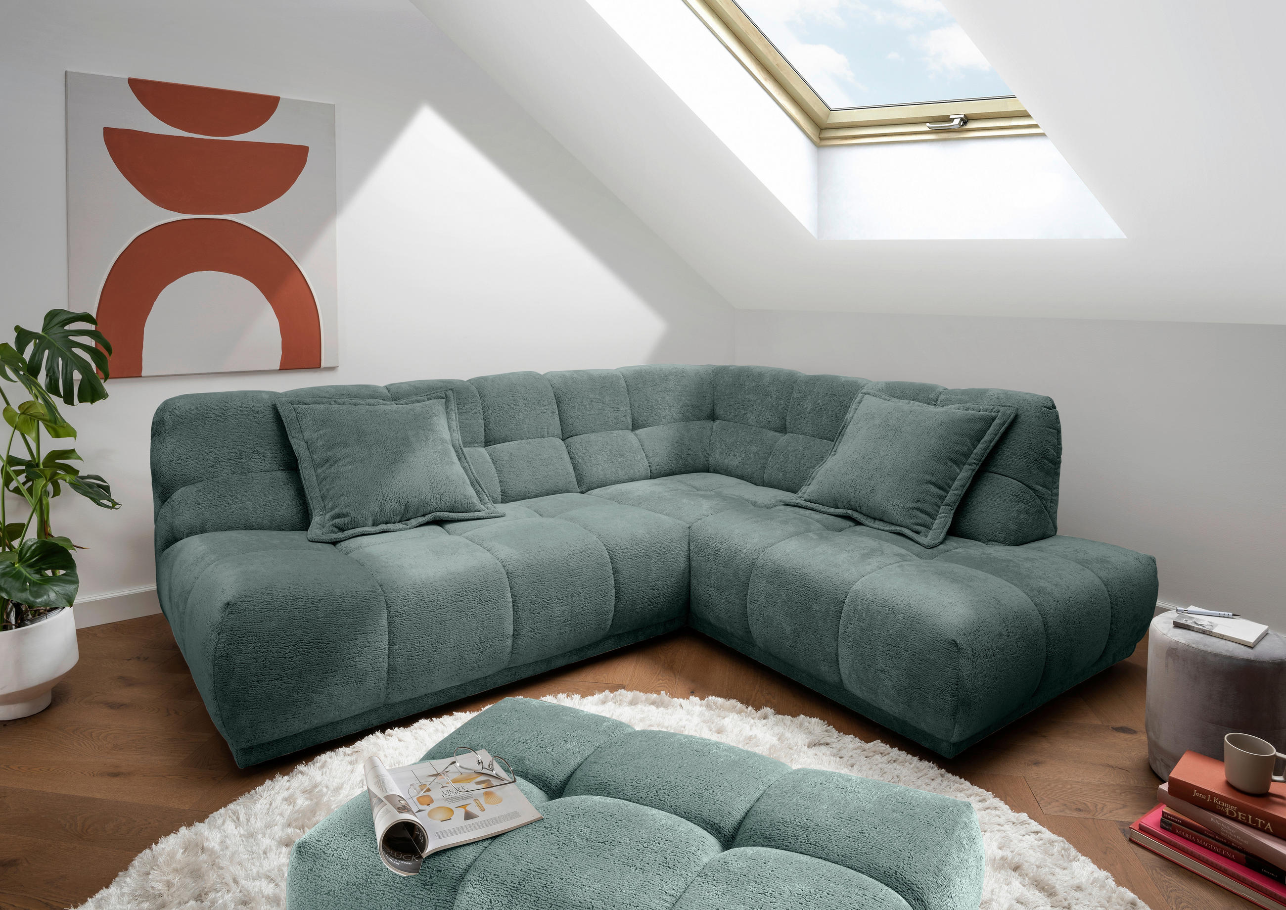 ECKSOFA Chenille Türkis  - Türkis/Schwarz, Modern, Kunststoff/Textil (254/203cm) - Livetastic