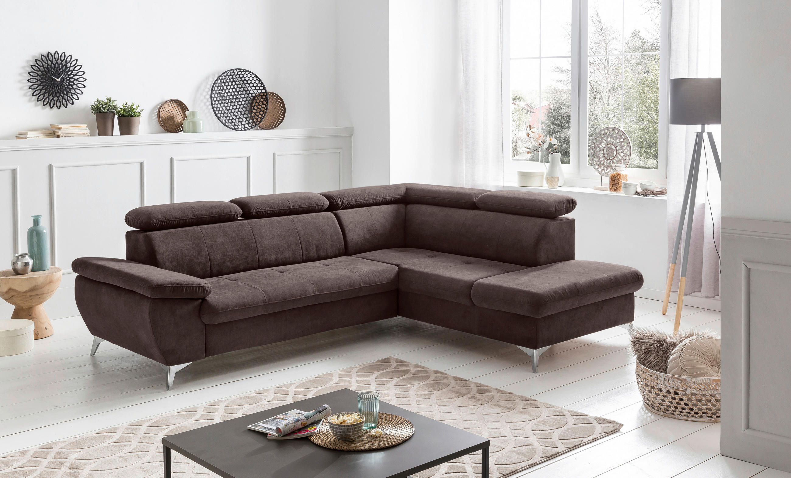 ECKSOFA Dunkelbraun Mikrofaser  - Chromfarben/Dunkelbraun, KONVENTIONELL, Textil/Metall (256/209cm) - Livetastic