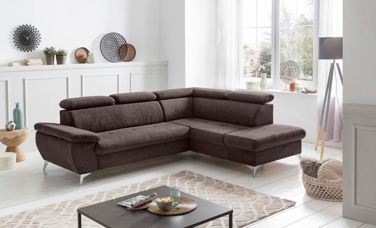 ECKSOFA in Mikrofaser Dunkelbraun  - Chromfarben/Dunkelbraun, Konventionell, Textil/Metall (256/209cm) - Livetastic