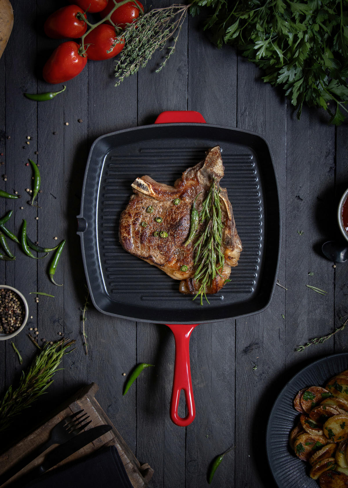 GRILLPFANNE Gusseisen Emaille  - Kirschrot, Basics, Metall (28/28cm) - ELO