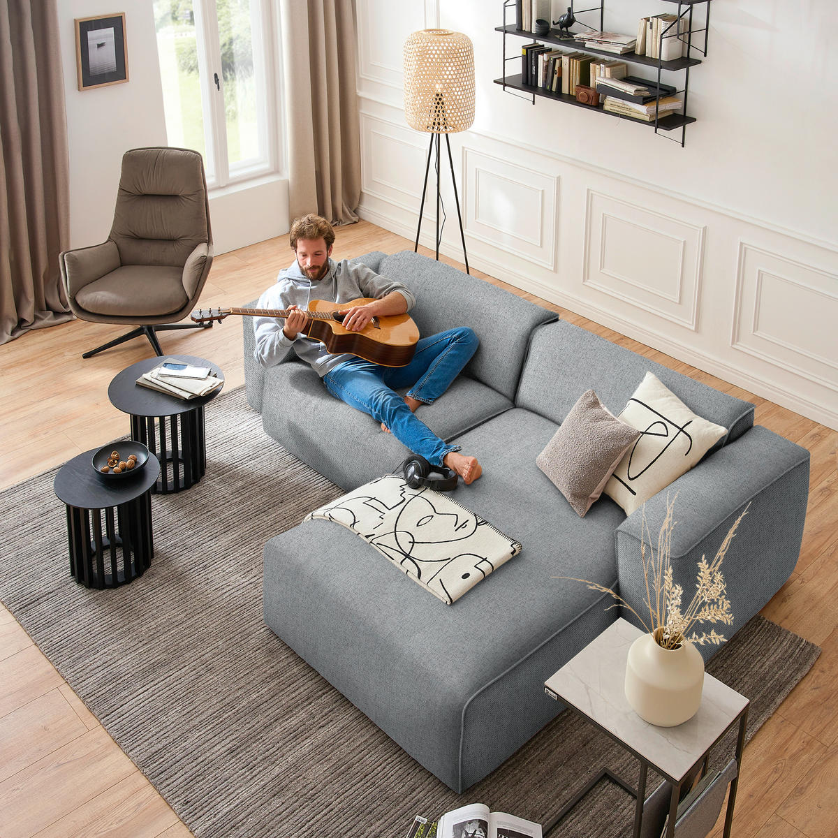 ECKSOFA in Webstoff Grau  265/171 cm  - Schwarz/Grau, Design, Kunststoff/Textil (265/171cm) - home24