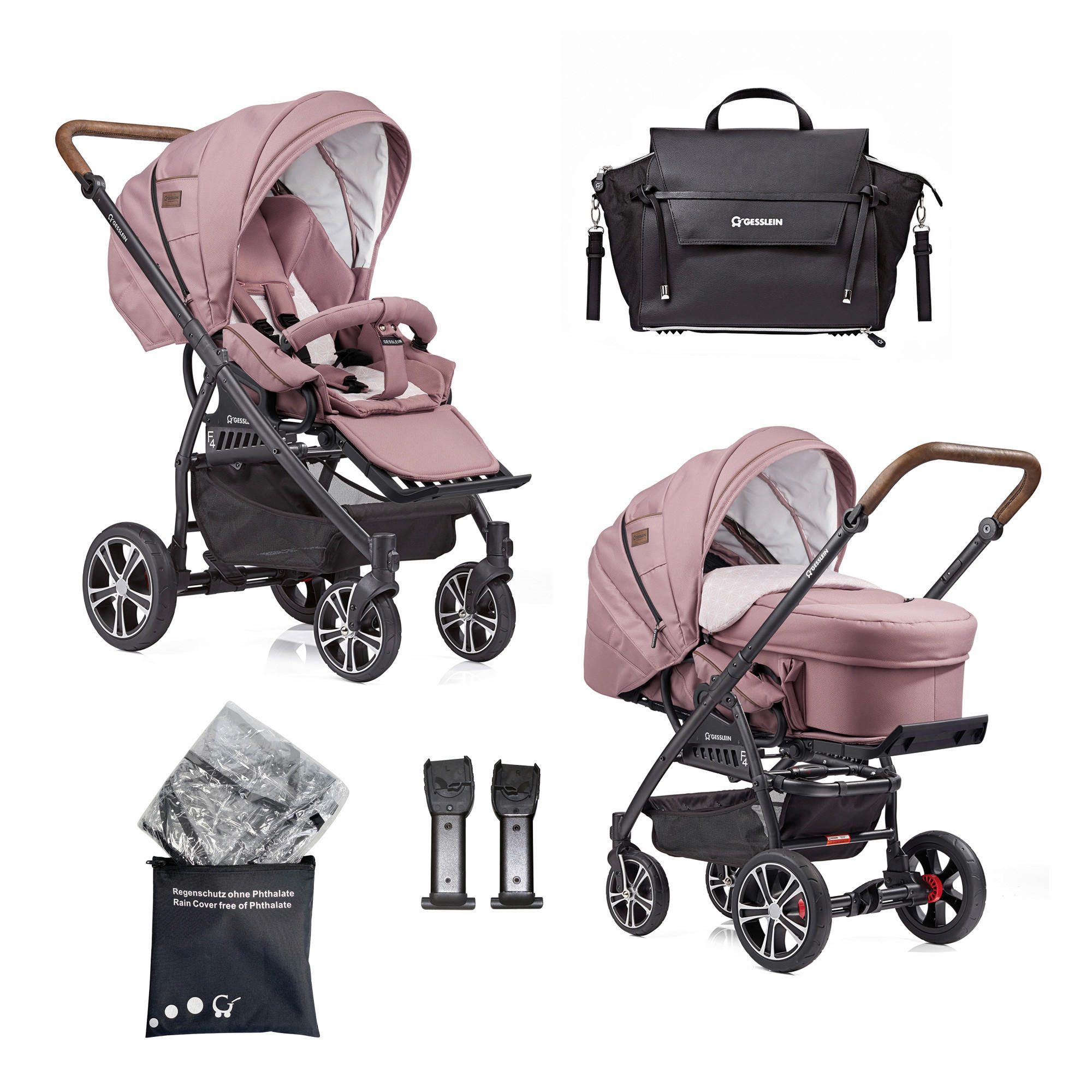 KINDERWAGENSET F4 Air+  - Schwarz/Altrosa, Basics, Textil/Metall (57/129/100cm) - Gesslein