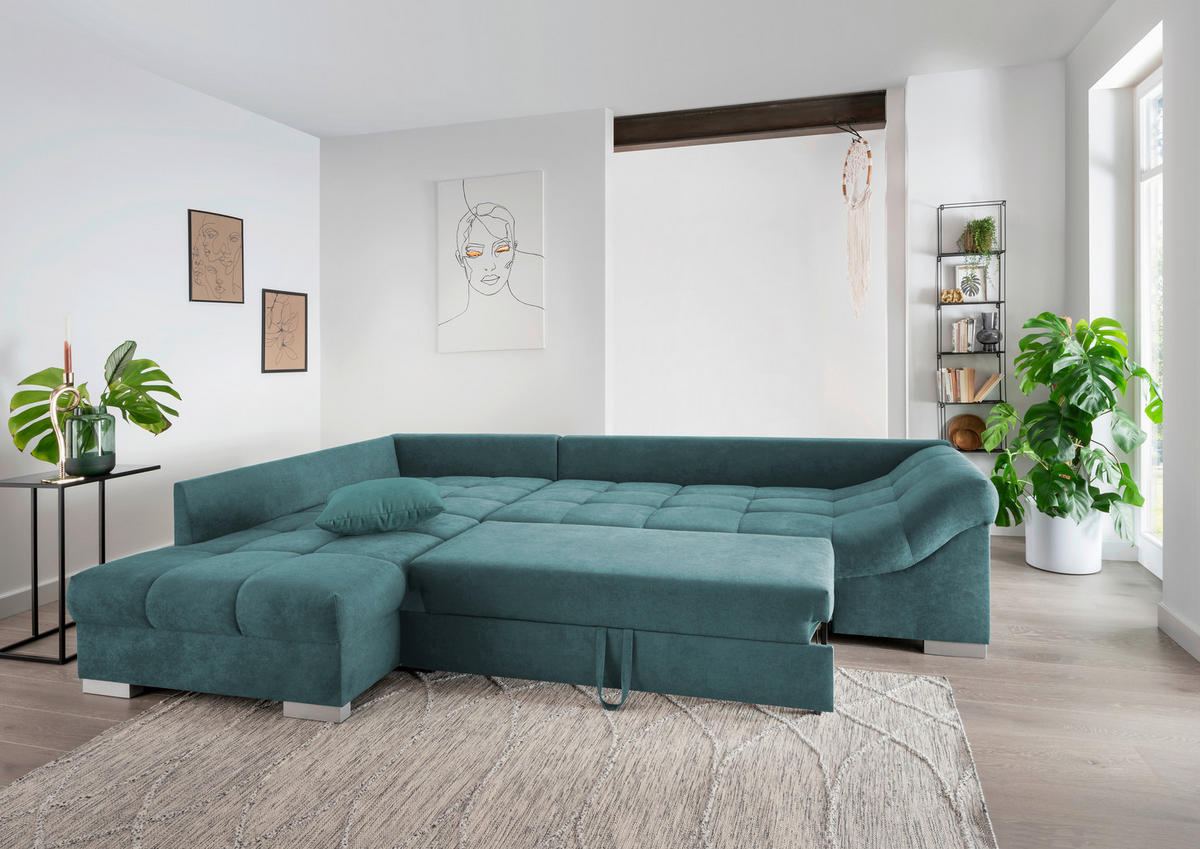 ECKSCHLAFSOFA in Petrol Textil   - Silberfarben/Petrol, Design, Holz/Textil (202/298cm) - MID.YOU