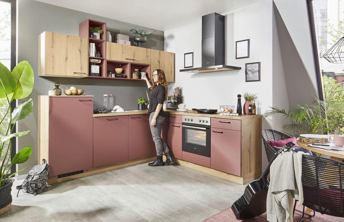 ECKKÜCHE 245/225 cm  in Rot, Eichefarben  - Eichefarben/Rot, KONVENTIONELL, Holzwerkstoff/Metall (245/225cm) - Welnova