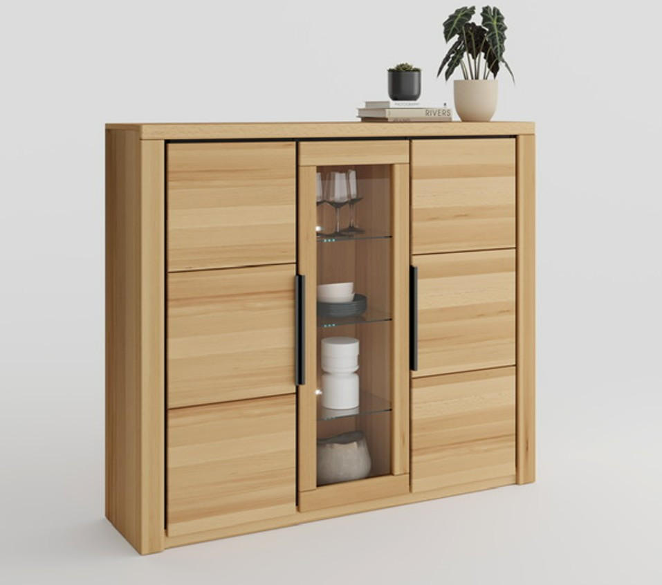 HIGHBOARD Brunei  in 160/141/40 cm  - Buchefarben/Schwarz, Design, Glas/Holz (160/141/40cm) - Livetastic