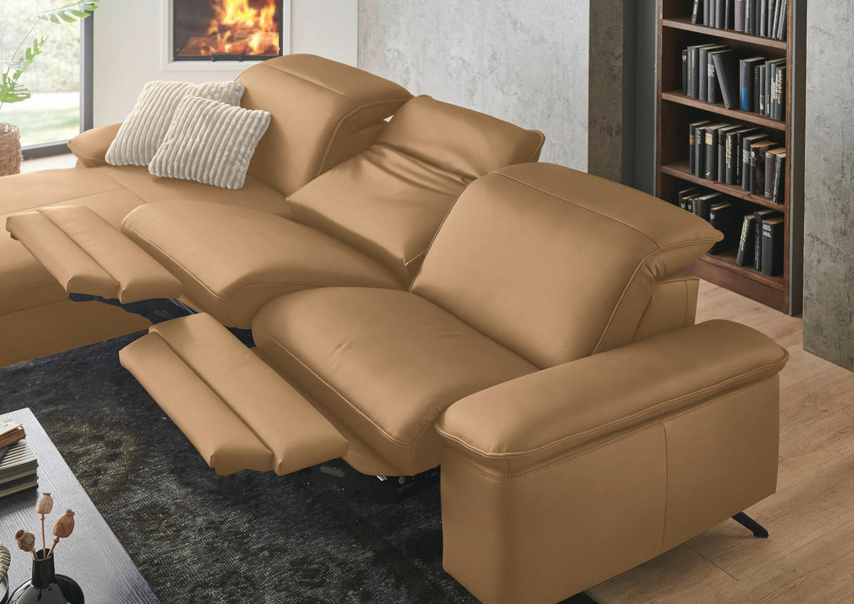 ECKSOFA  Echtleder Honig  - Schwarz/Honig, Design, Leder/Metall (169/307cm) - Beldomo Premium