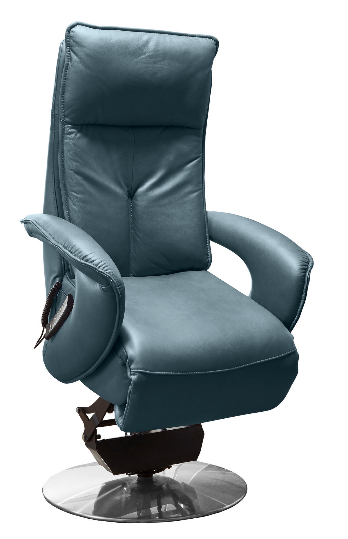 RELAXSESSEL Echtleder Relaxfunktion, Aufstehhilfe, Fußteilverstellung    - Chromfarben/Hellblau, Design, Leder/Metall (77/110/87cm) - Valdera