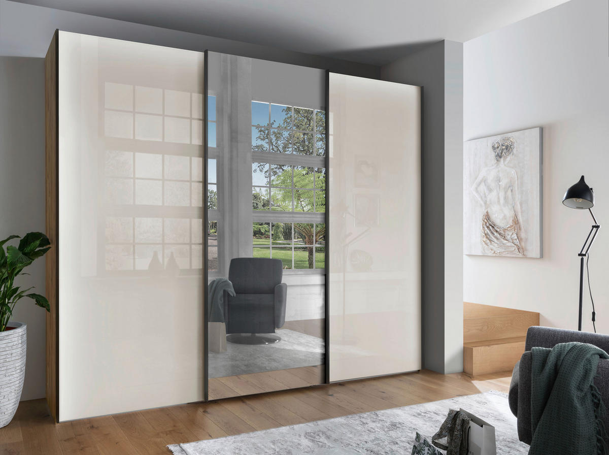 SCHWEBETÜRENSCHRANK  in Champagner, Eiche Bianco  - Schieferfarben/Eiche Bianco, KONVENTIONELL, Glas/Holzwerkstoff (222,6/236/67cm) - Dieter Knoll