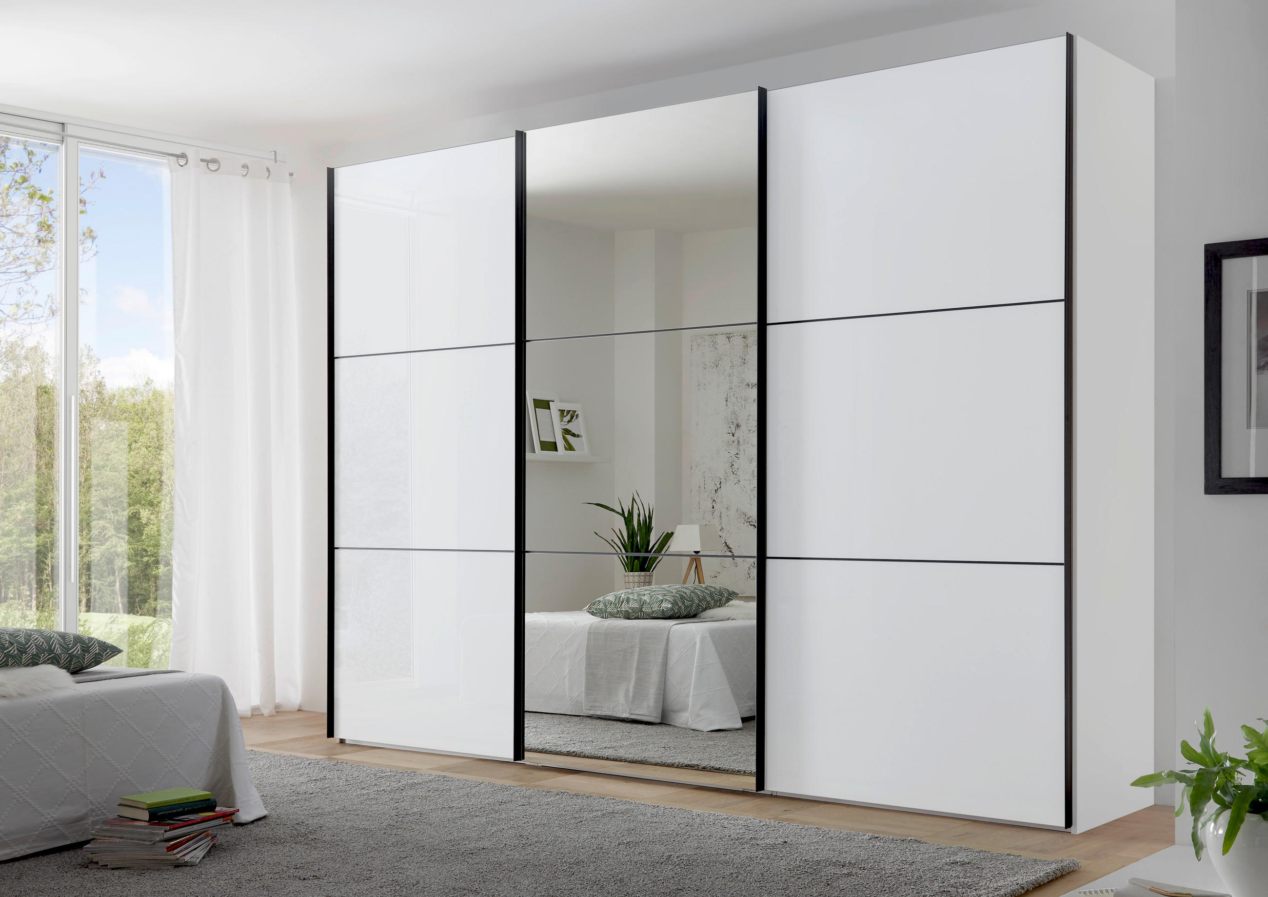 SCHWEBETÜRENSCHRANK in Weiss  - Weiss/Schwarz, Konventionell, Glas/Holzwerkstoff (280/222/68cm) - Moderano