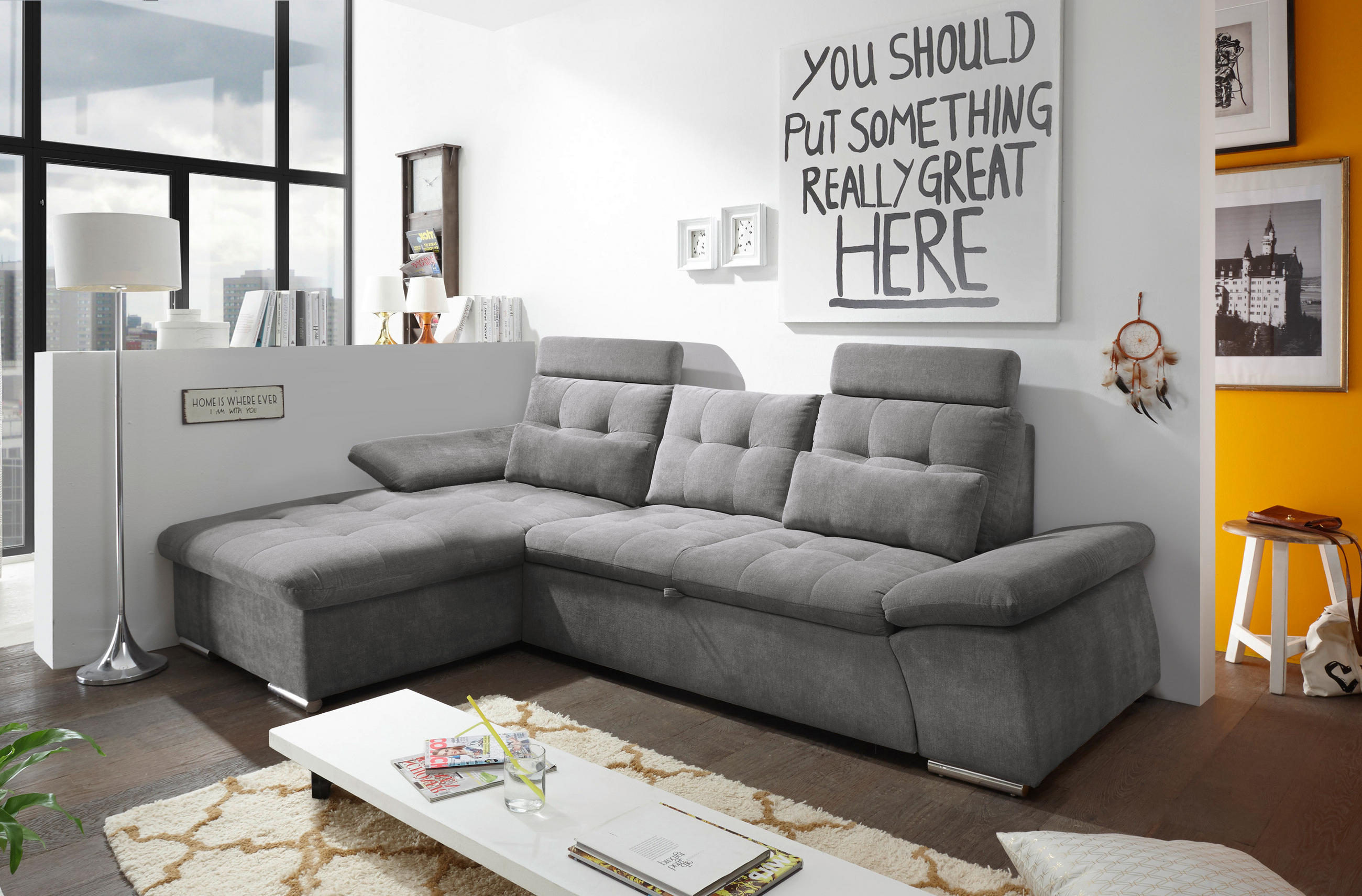 ECKSOFA Grau Mikrovelours  - Silberfarben/Grau, KONVENTIONELL, Kunststoff/Textil (170/268cm) - MID.YOU