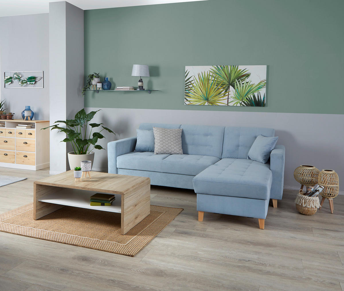 ECKSOFA Hellblau Samt  - Naturfarben/Hellblau, Design, Holz/Textil (231/160cm) - Livetastic