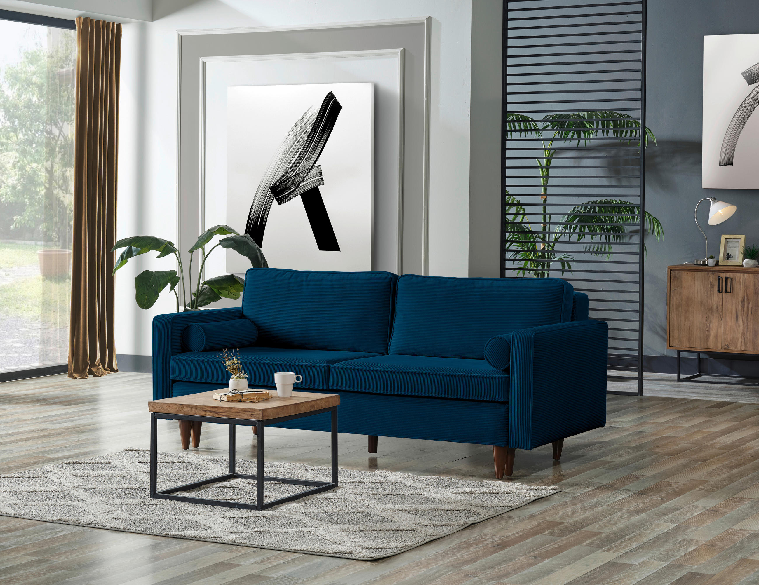 SCHLAFSOFA Cord Blau  - Blau/Buchefarben, MODERN, Holz/Textil (208/78/96cm) - Livetastic