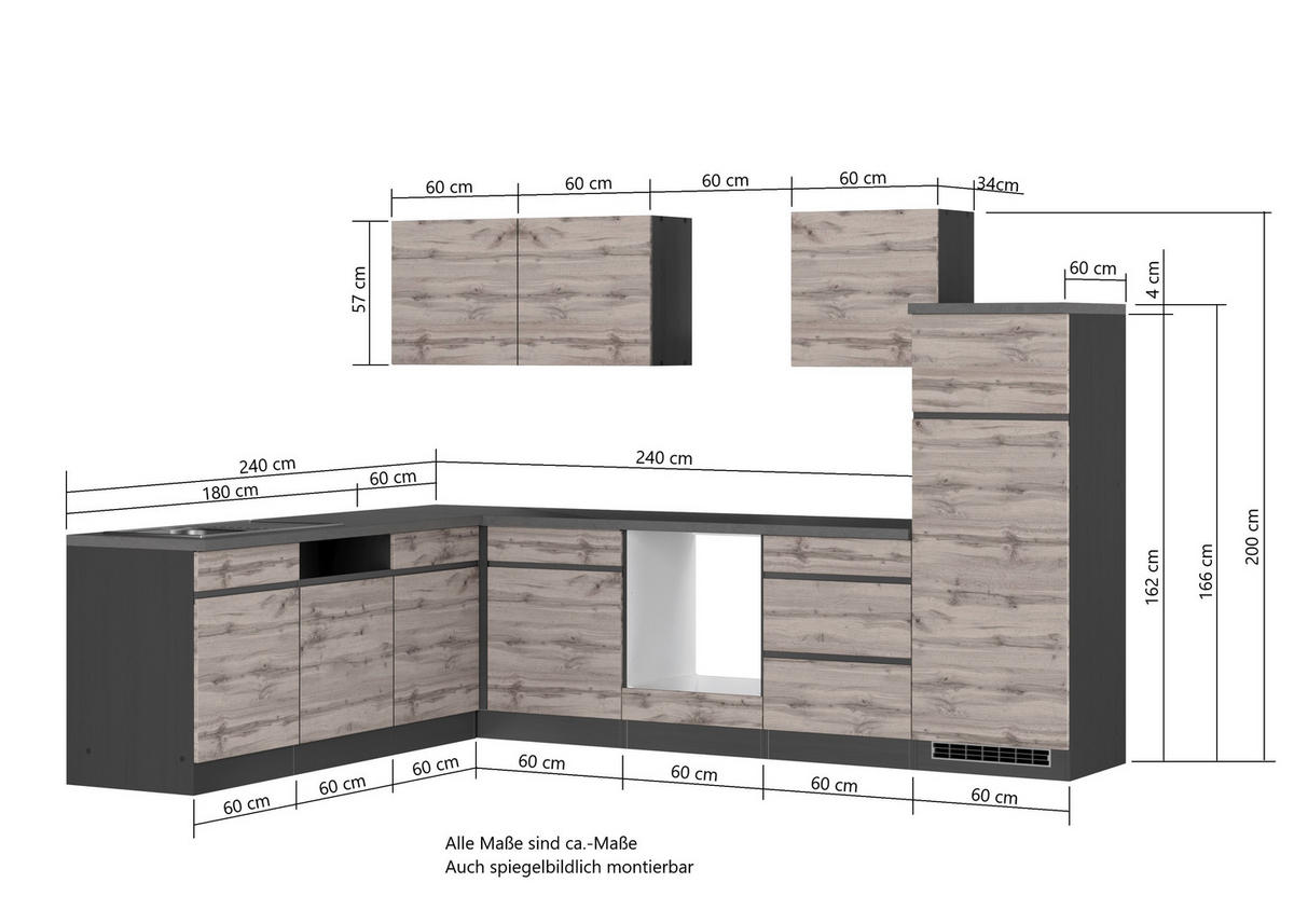 ECKKÜCHE 240/300 cm  in Graphitfarben, Eiche Wotan  - Eiche Wotan/Graphitfarben, Design, Holzwerkstoff (240/300cm) - Held