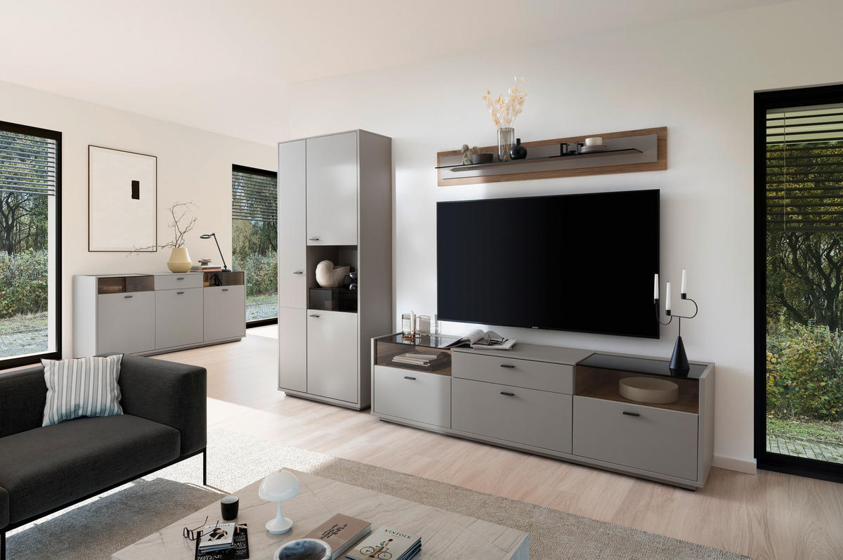 REGAL ZA DNEVNI BORAVAK siva, boje hrasta   - siva/boje hrasta, Design, staklo/drvni materijal (301/200/44cm) - Stylife