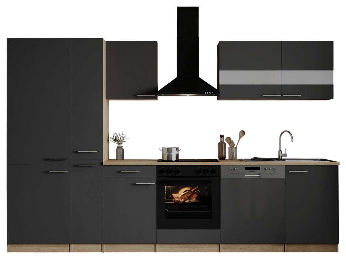 KÜCHENBLOCK 310 cm   in Grau  - Edelstahlfarben/Eichefarben, Basics, Holzwerkstoff/Metall (310cm) - Respekta