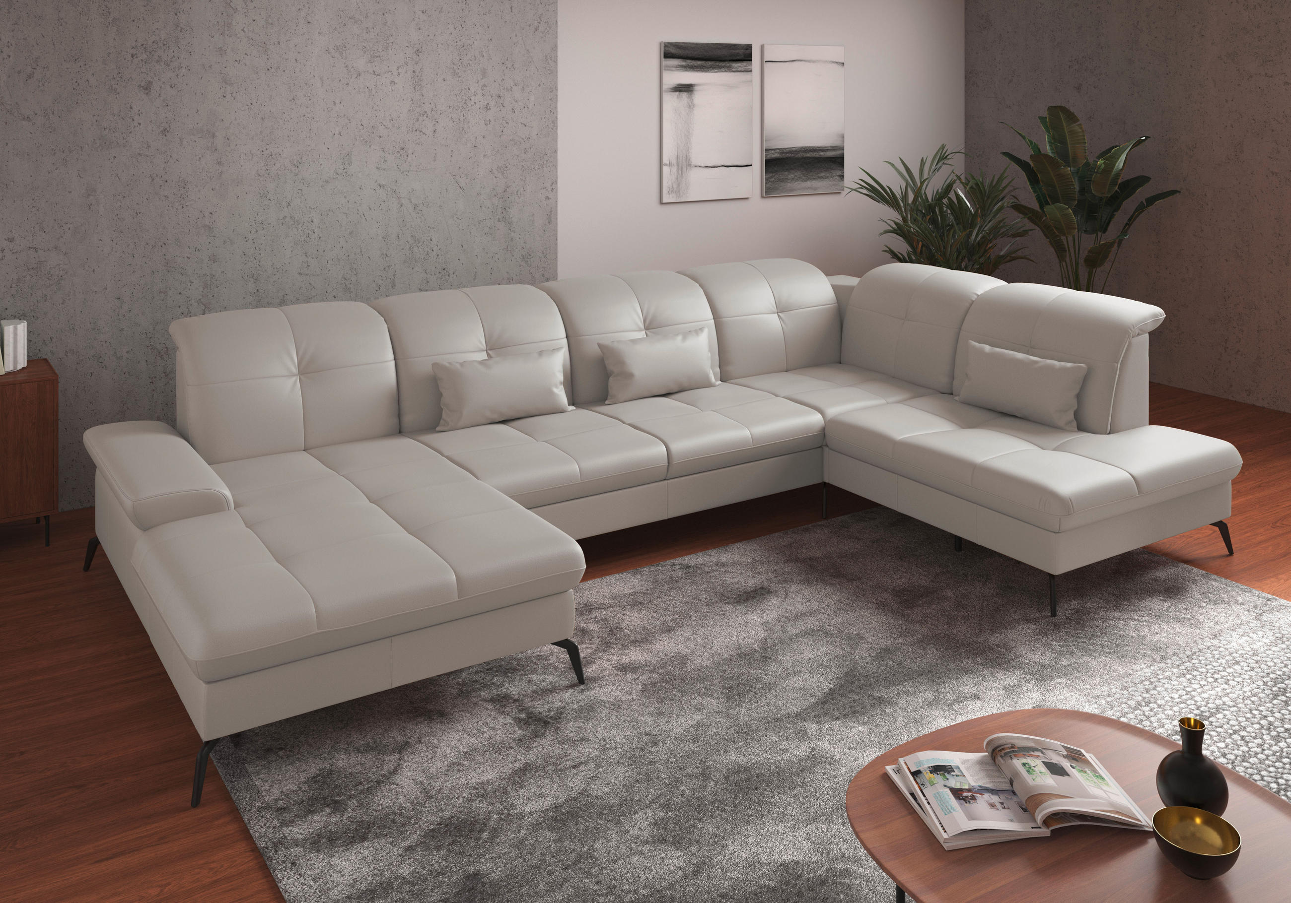 WOHNLANDSCHAFT in Vliesstoff Kombination Echtleder/Stoff Weiss  - Weiss/Schwarz, Konventionell, Leder/Textil (185/357/231cm) - Sit & More
