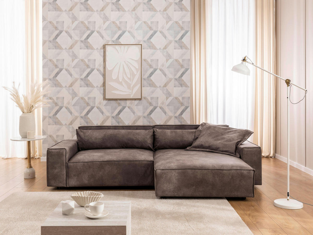 ECKSOFA Curduroy in Lederlook Graubraun Rückenkissen  251/142 cm  - Graubraun/Schwarz, Design, Kunststoff/Textil (251/142cm) - P & B