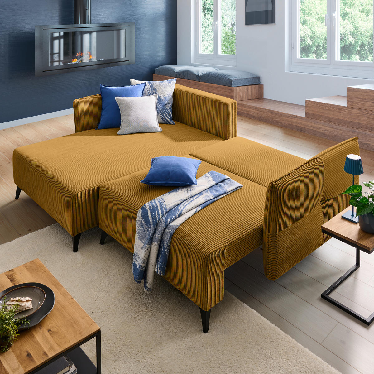 ECKSOFA Senfgelb Cord  - Senfgelb/Schwarz, Design, Textil/Metall (175/254cm) - Stylife