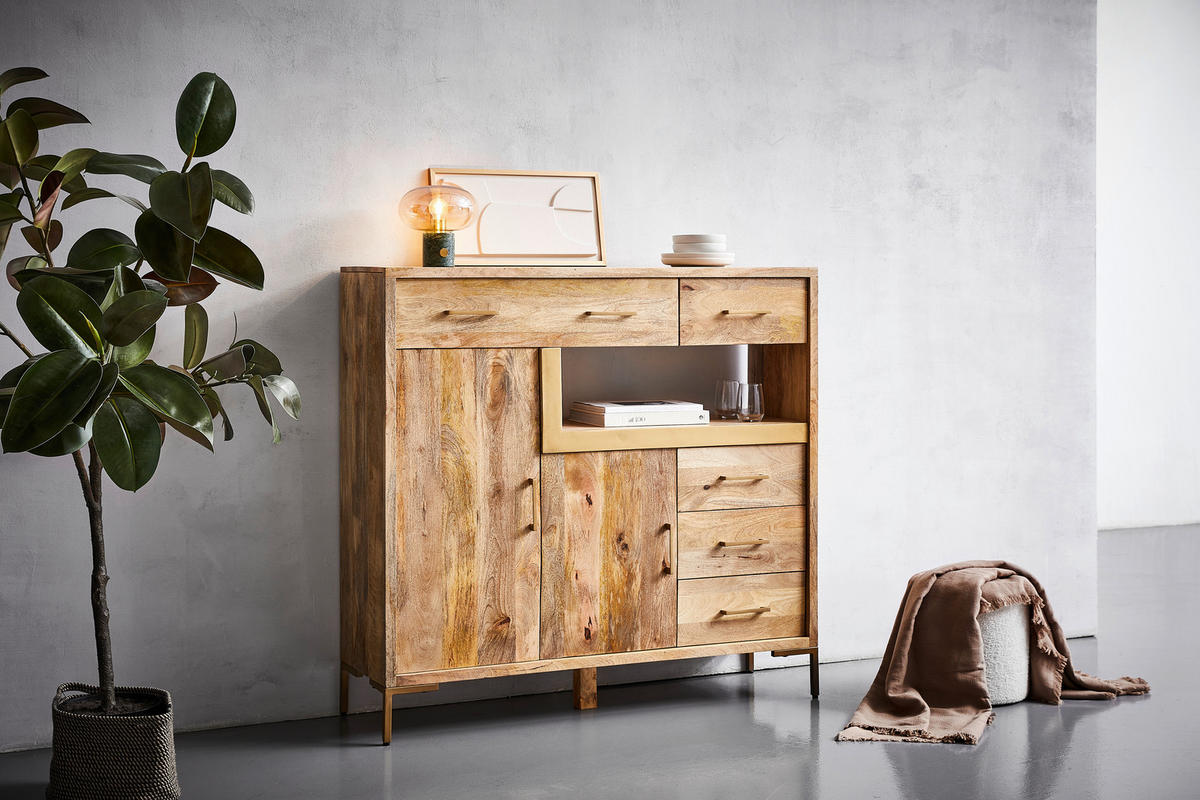 HIGHBOARD Valencia  in 135/132/40 cm  - Goldfarben/Naturfarben, Natur, Holz/Metall (135/132/40cm) - MID.YOU