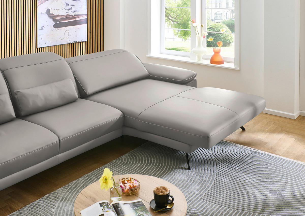 ECKSOFA in Echtleder Hellgrau  - Hellgrau/Schwarz, Design, Leder/Metall (332/193cm) - Dieter Knoll