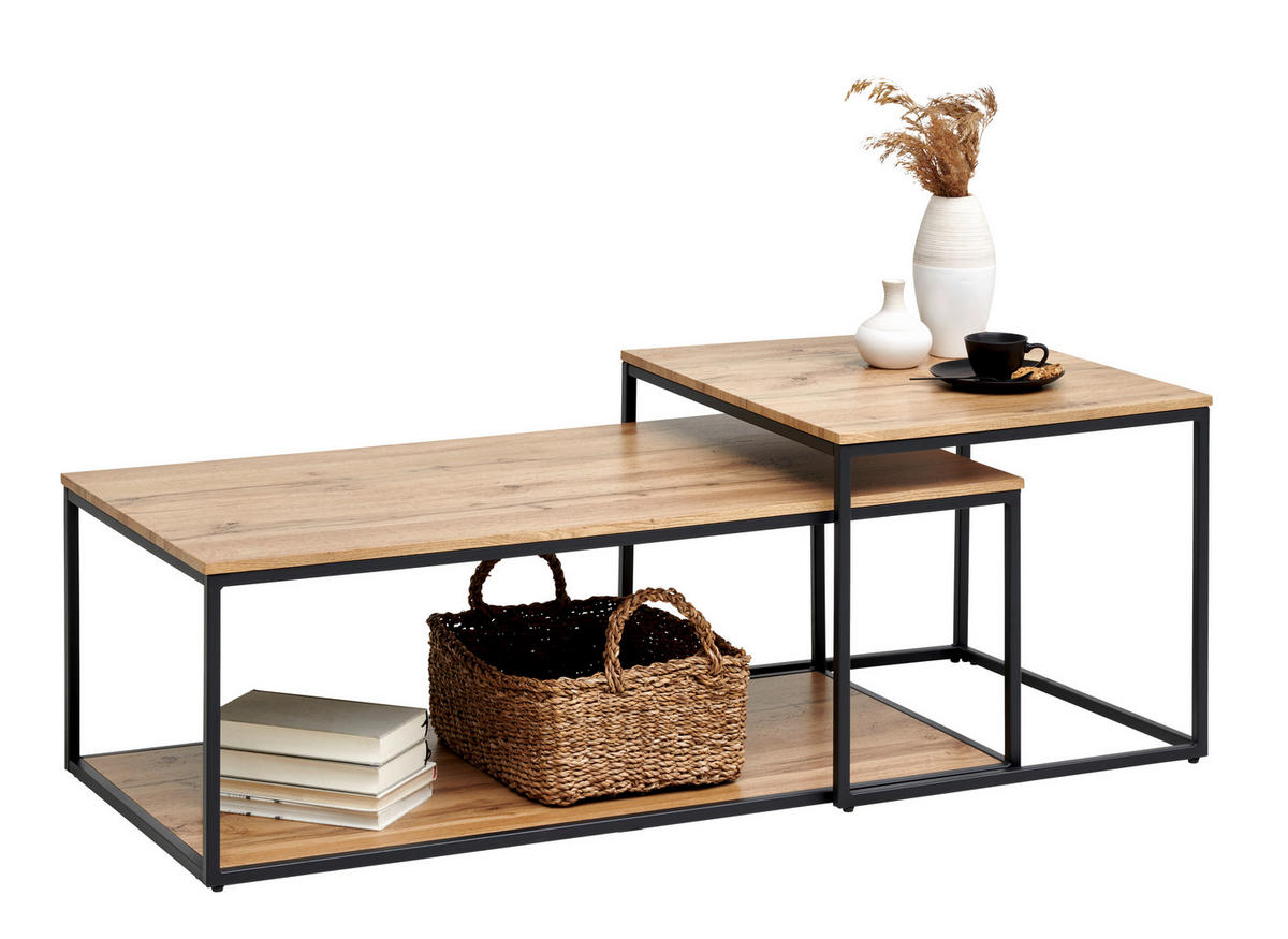 COUCHTISCHSET in Metall, Holzwerkstoff 50-100/55-50/53-35 cm  - Eichefarben/Schwarz, Design, Holzwerkstoff/Metall (50-100/55-50/53-35cm) - Ti'me
