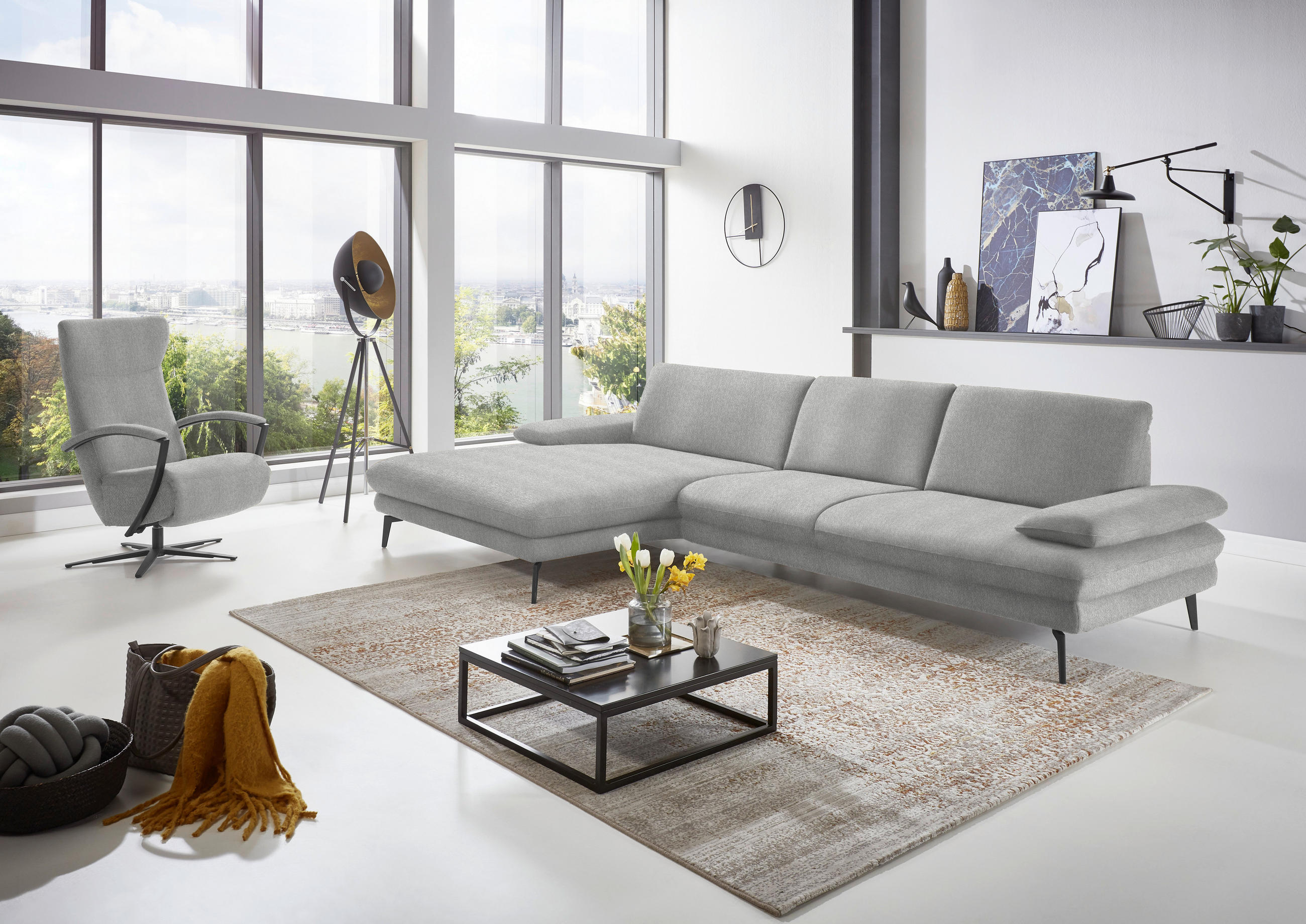 ECKSOFA in Chenille Ecru  - Ecru/Schwarz, Design, Textil/Metall (180/310cm) - Dieter Knoll