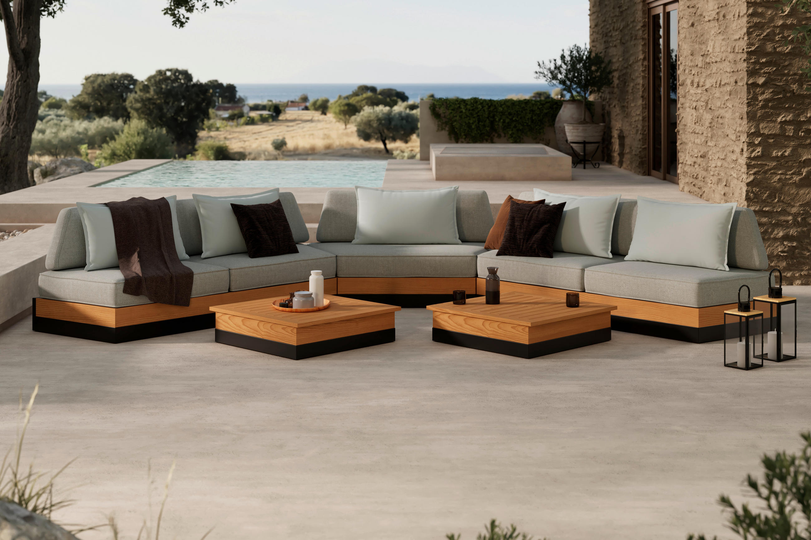 Ambia Garden Loungegarnitur Schwarz, Teak 333x333 cm