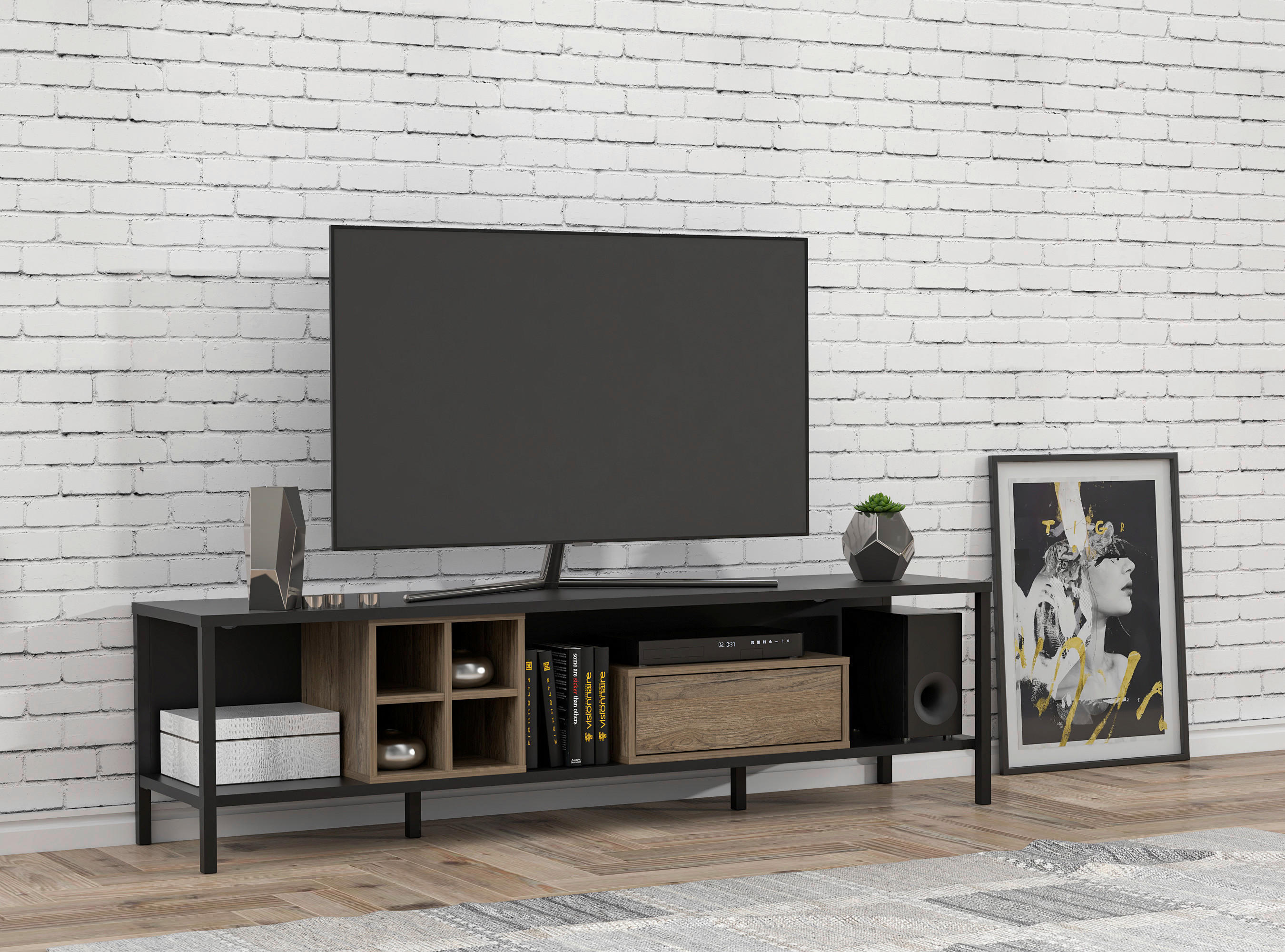 TV DÍL, černá, barvy dubu, 180/47,8/42 cm - barvy dubu/černá, Moderní, kov/kompozitní dřevo (180/47,8/42cm) - Carryhome