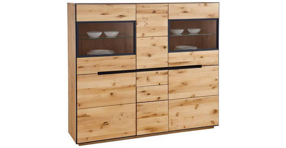 HIGHBOARD Wildeiche furniert, massiv, teilmassiv Eichefarben Einlegeböden  - Eichefarben/Anthrazit, Natur, Glas/Holz (155/136/38cm) - Linea Natura