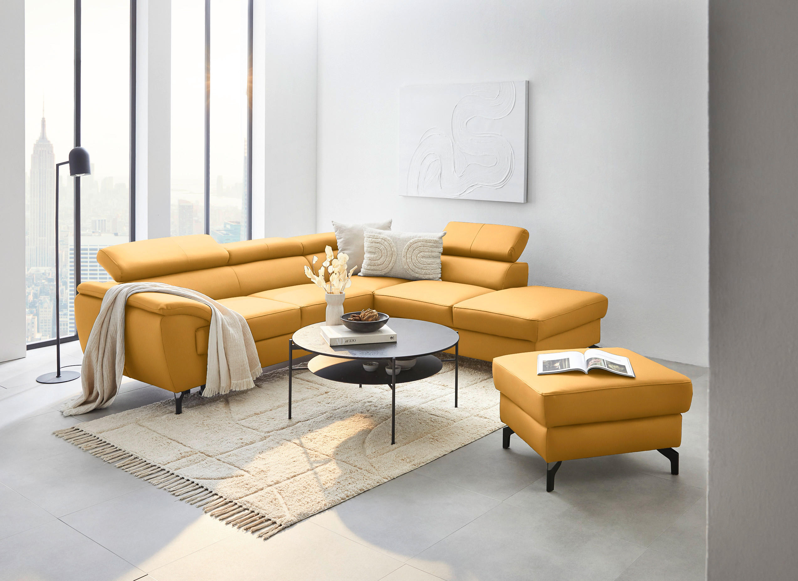 ECKSOFA in Echtleder Currygelb  - Currygelb/Schwarz, Design, Leder/Metall (256/220cm) - Celina Home