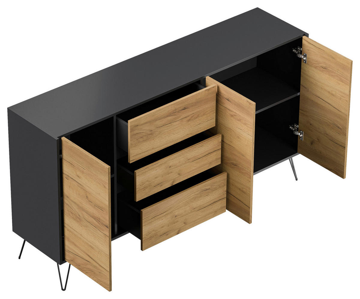 SIDEBOARD Posseik Industrial 177/93,6/42 cm 3 Schublade(n)  - Eichefarben/Graphitfarben, Design, Holzwerkstoff/Metall (177/93,6/42cm) - P & B