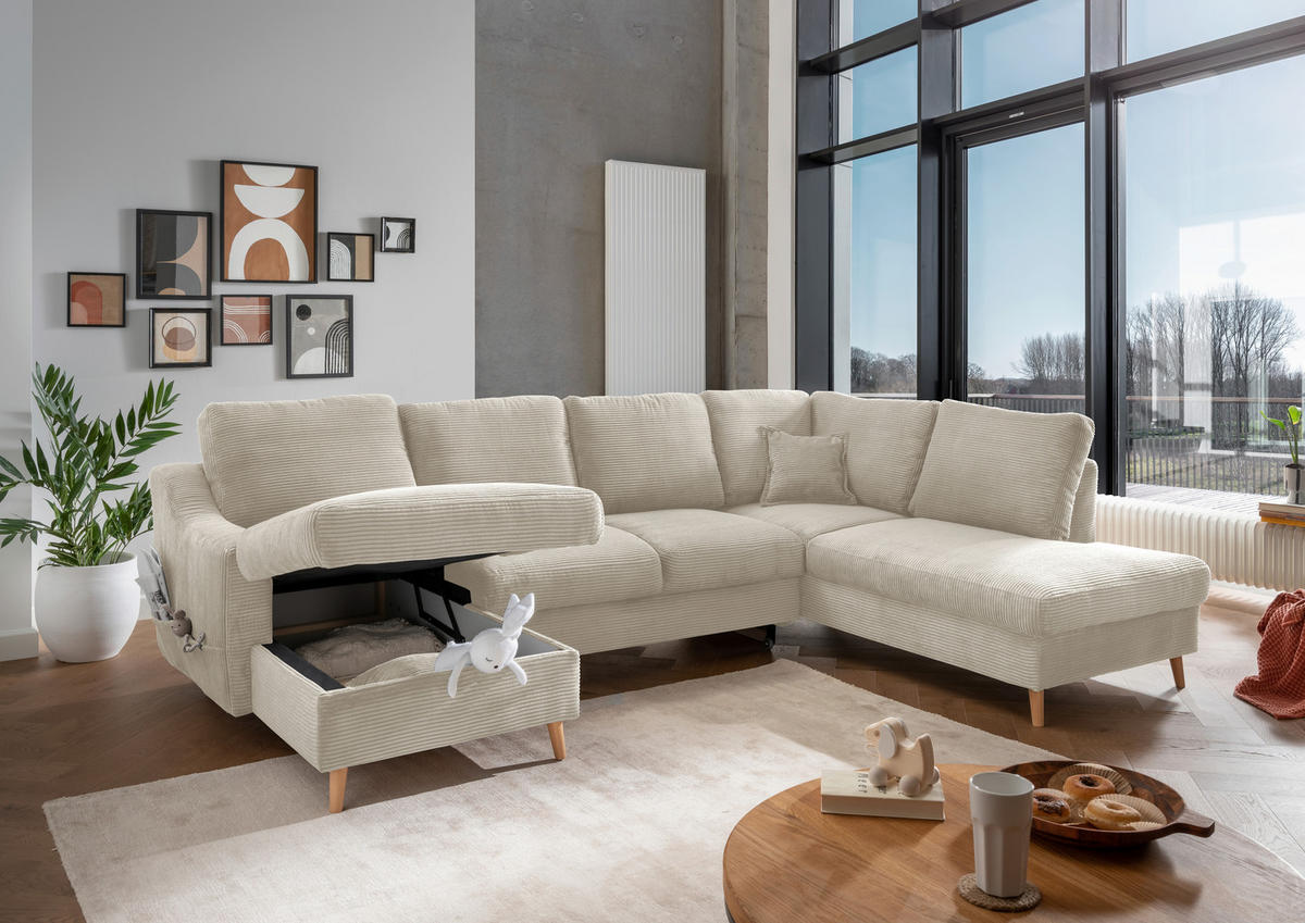 WOHNLANDSCHAFT in Cord Beige  - Beige/Naturfarben, KONVENTIONELL, Holz/Textil (150/301/200cm) - P & B