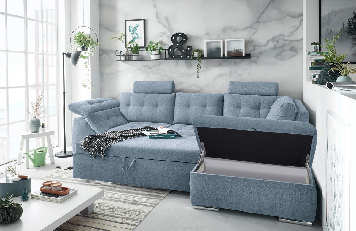 ECKSOFA Blau Mikrovelours  - Blau, KONVENTIONELL, Kunststoff/Textil (283/193cm) - MID.YOU