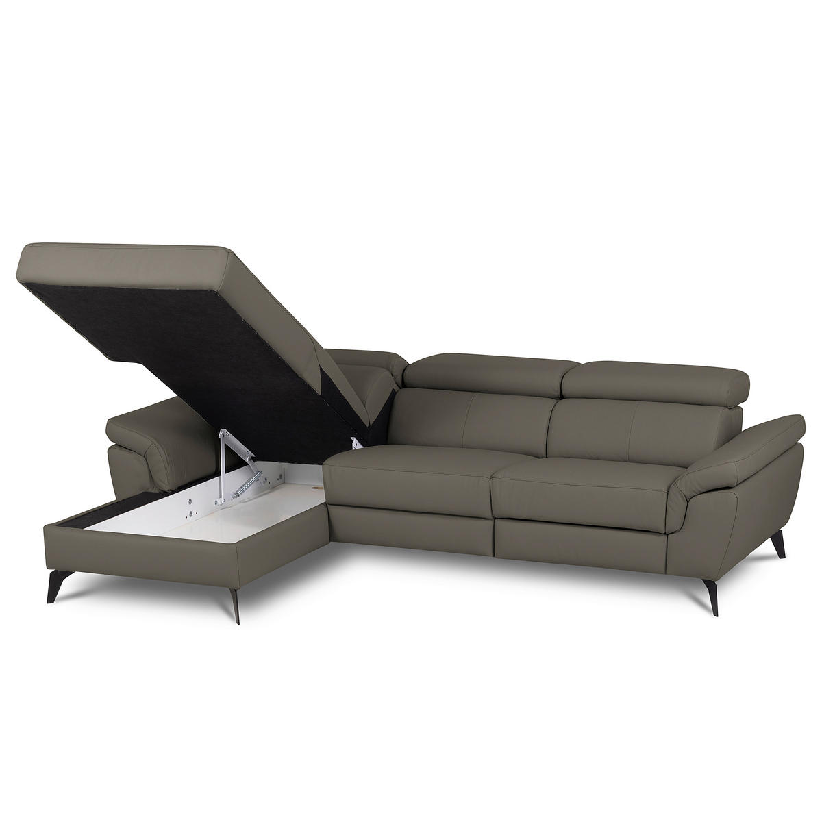 ECKSOFA Schlammfarben Echtleder Lederlook Bettkasten, Schlaffunktion, Rücken echt, Armteilverstellung, Kopfteilverstellung  - Schlammfarben/Schwarz, Design, Leder/Textil (179/252cm) - Livetastic