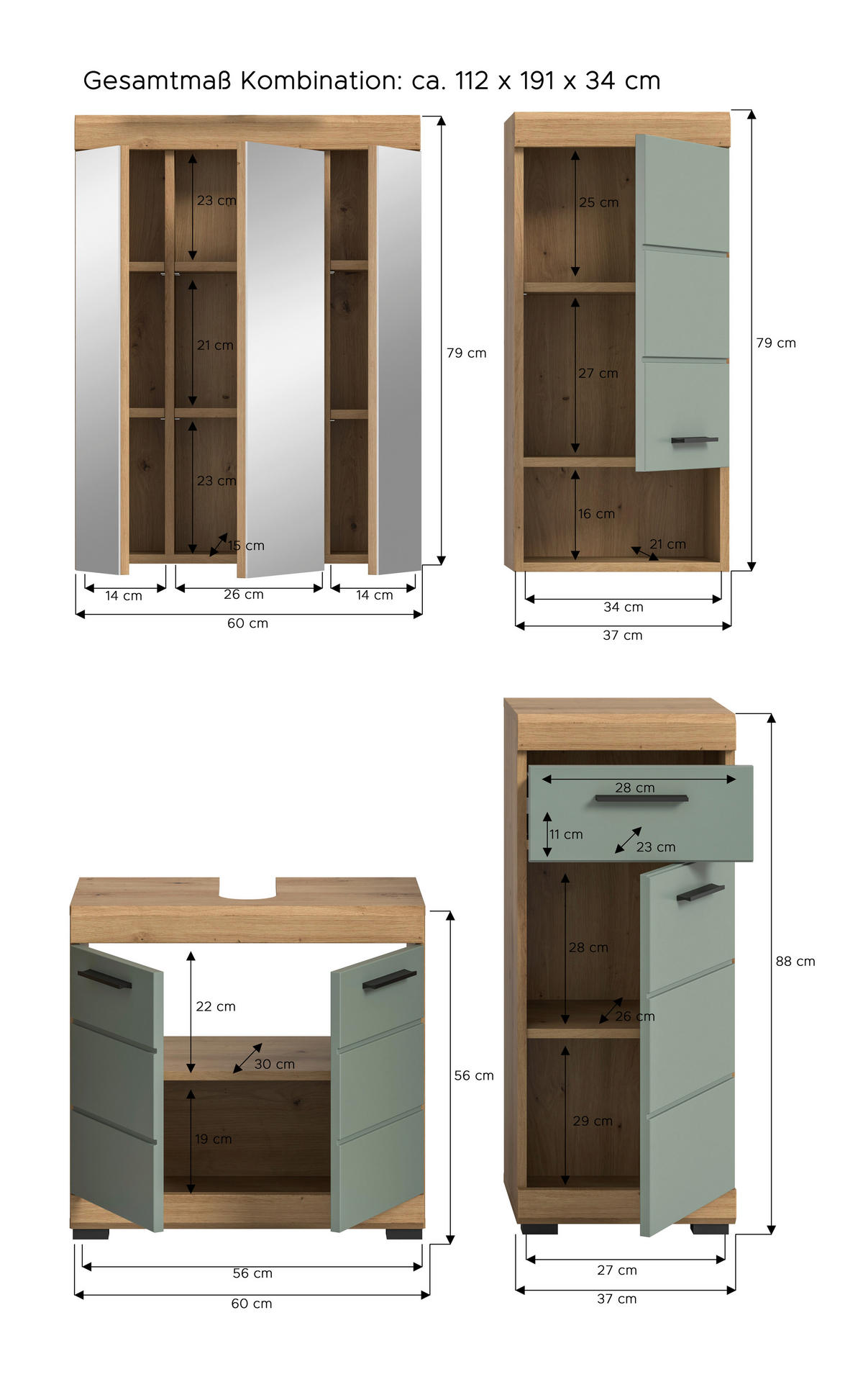 BADEZIMMER 4-teilig  in 97 cm  - Salbeigrün/Eichefarben, Modern, Glas/Holzwerkstoff (97cm) - MID.YOU