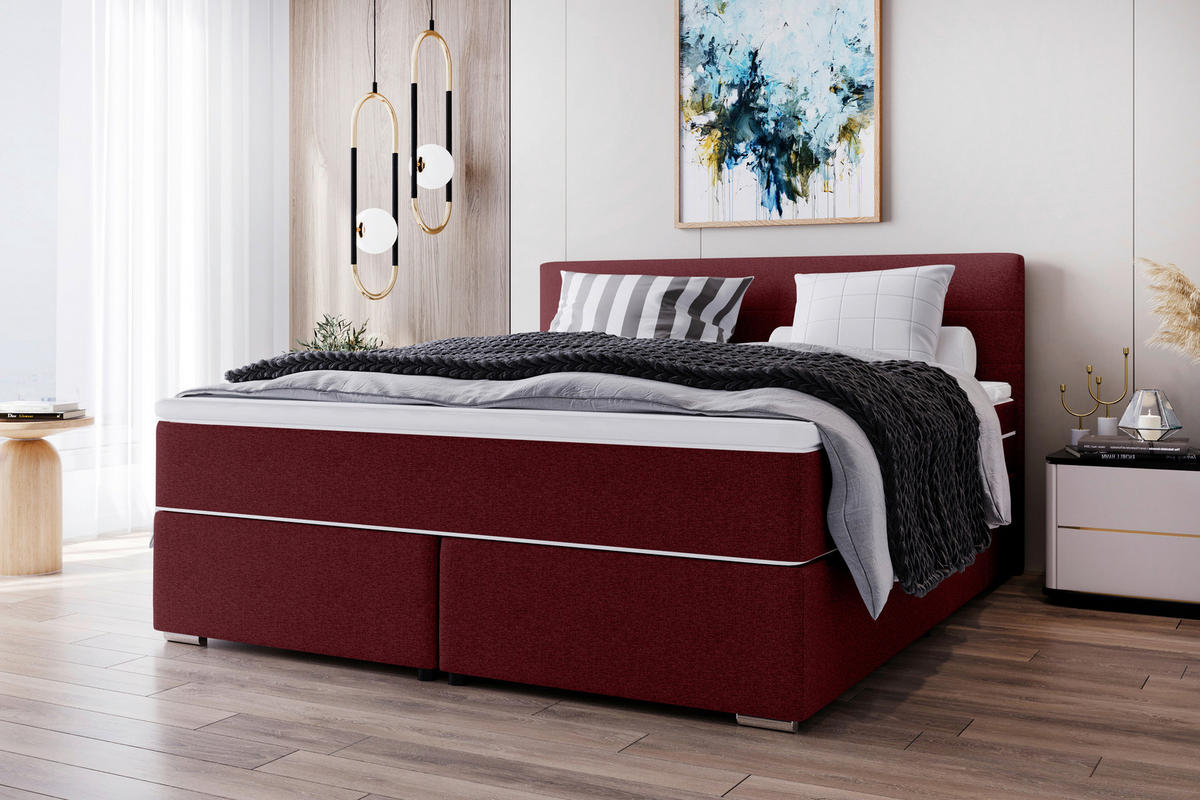 BOXSPRINGBETT 200/200 cm,  in Weinrot, Topper, Matratzen, H3 = fest  - Chromfarben/Weinrot, KONVENTIONELL, Kunststoff/Textil (200/200cm) - Boxxx