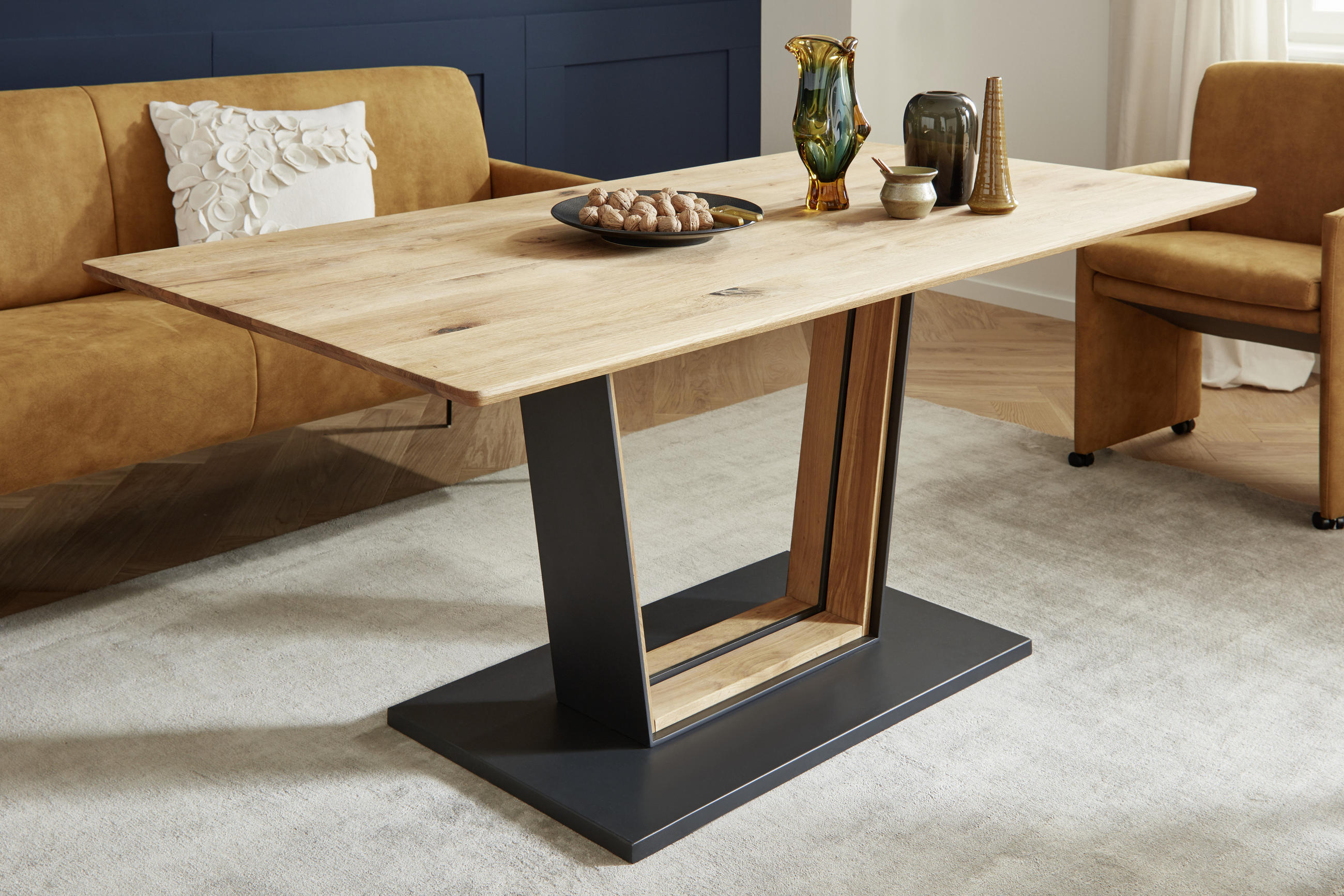 Thumbnail - Valnatura Esstisch, Schwarz, Eiche, Holz, Metall, Balkeneiche, massiv, rechteckig, U-Form, 80x77x120 cm, Fsc, in verschi...