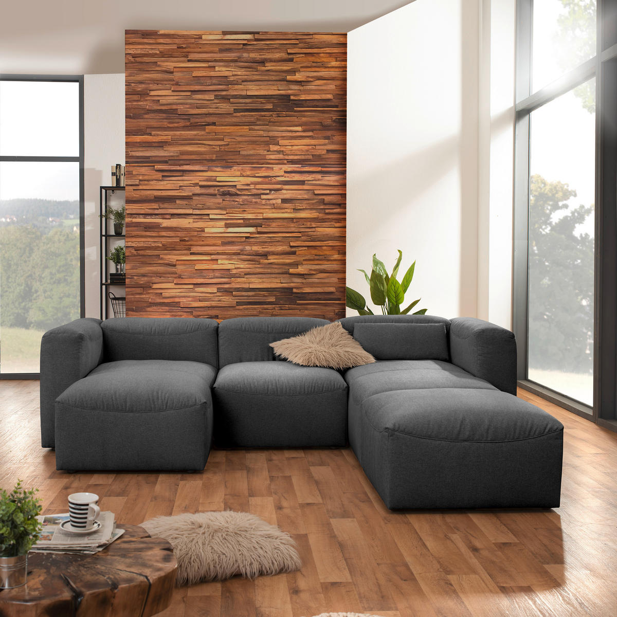 WOHNLANDSCHAFT Anthrazit Flachgewebe  - Anthrazit, Design, Kunststoff/Textil (160/275/235cm) - Max Winzer