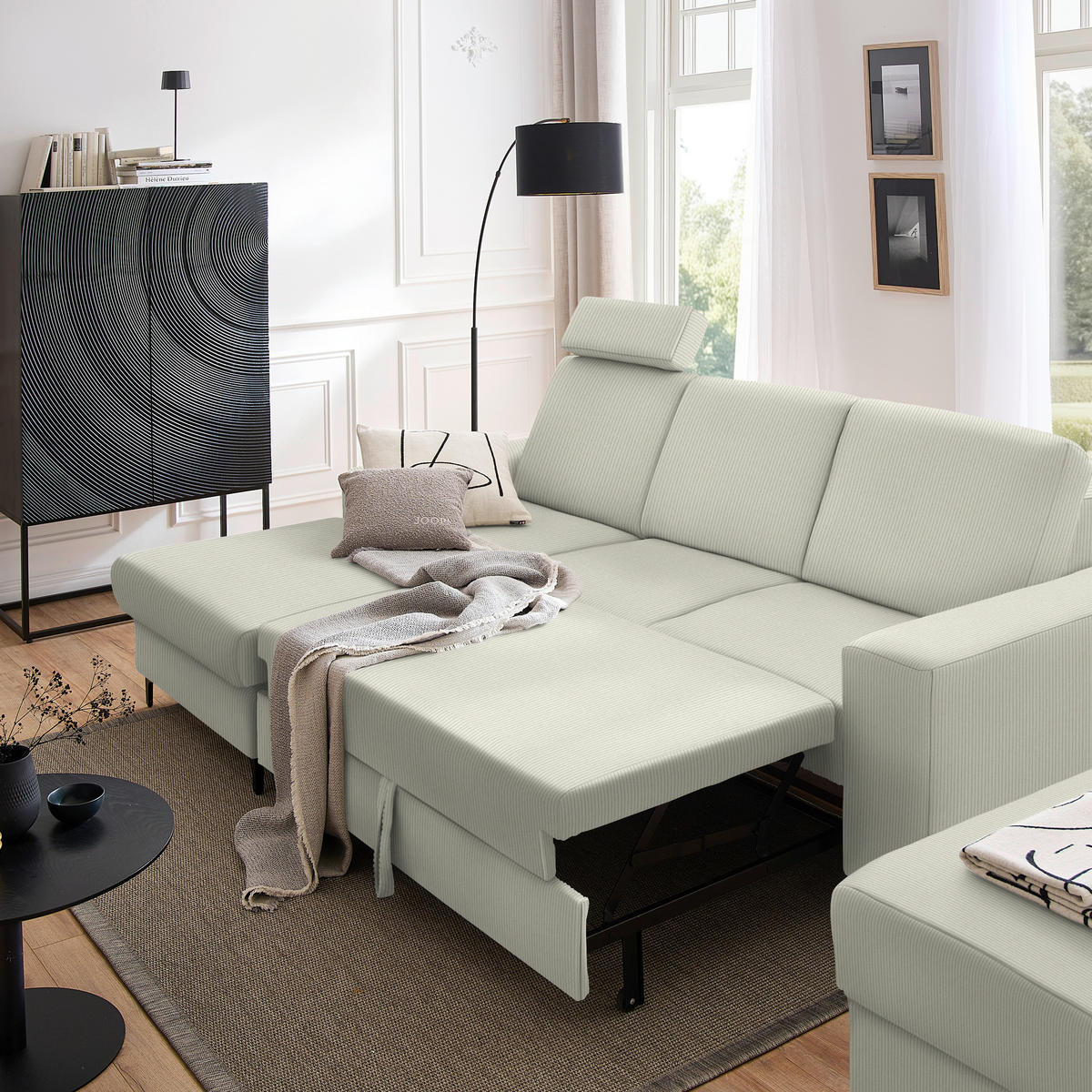 ECKSOFA Ecru Cord  - Ecru/Schwarz, KONVENTIONELL, Textil/Metall (167/247cm) - Stylife