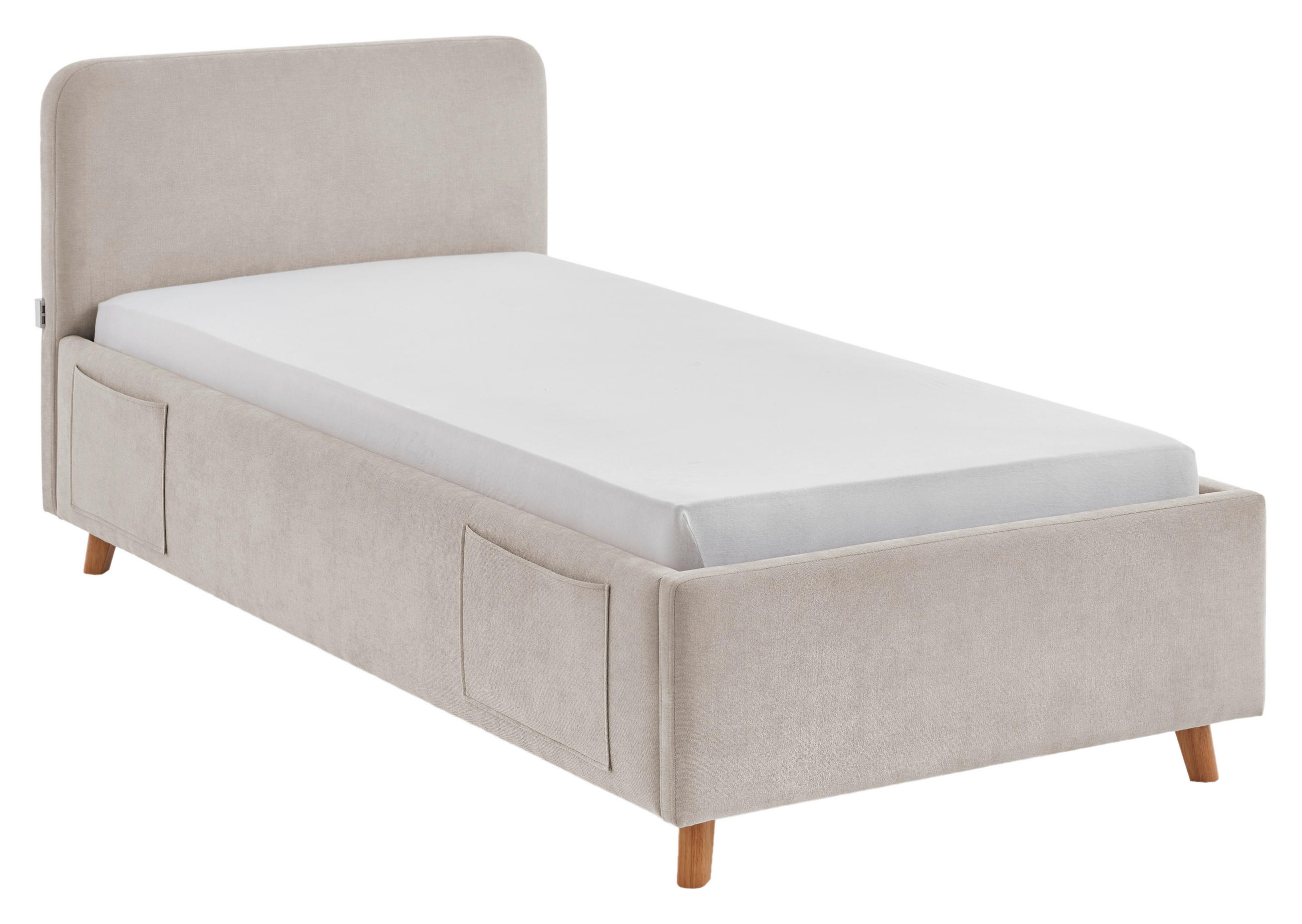POLSTERBETT 90/200 cm,  in Eichefarben, Beige, Lattenrost, Bettkasten, Betttasche,  - Eichefarben/Birkefarben, KONVENTIONELL, Holz/Textil (90/200cm) - Boxxx