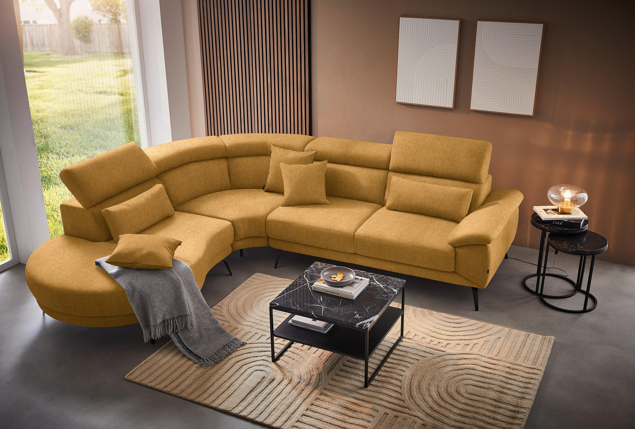 ECKSOFA in Velours Currygelb  264/299 cm  - Currygelb/Schwarz, Design, Textil/Metall (264/299cm) - Novel